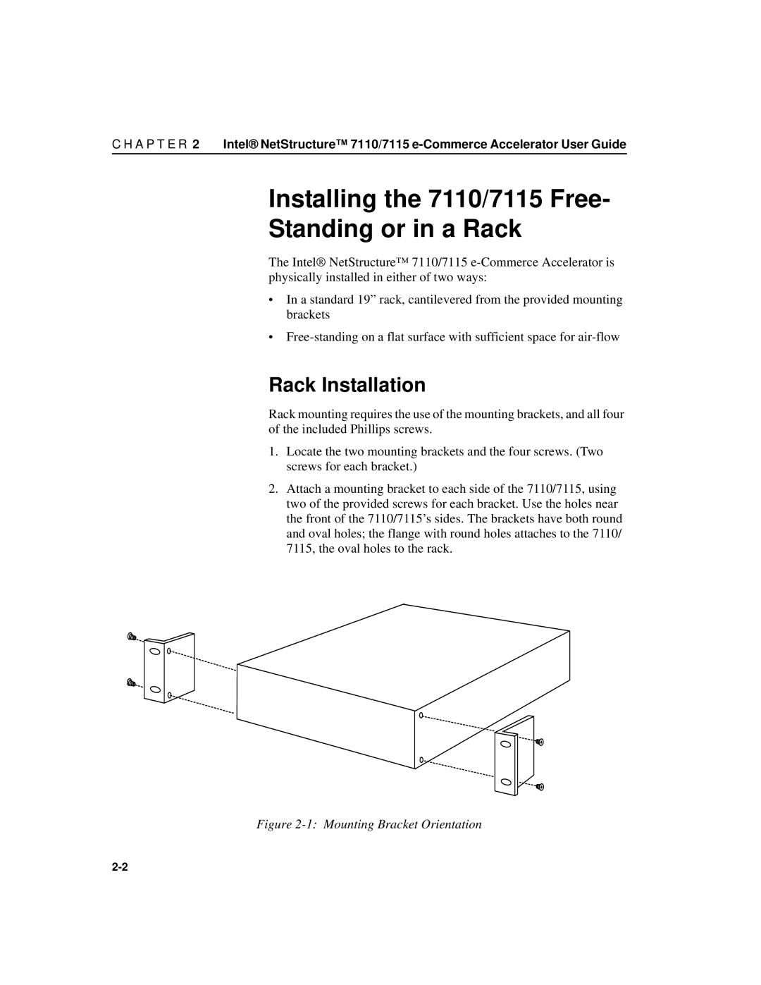 Intel A31032-001 manual Installing the 7110/7115 Free- Standing or in a Rack, Rack Installation 