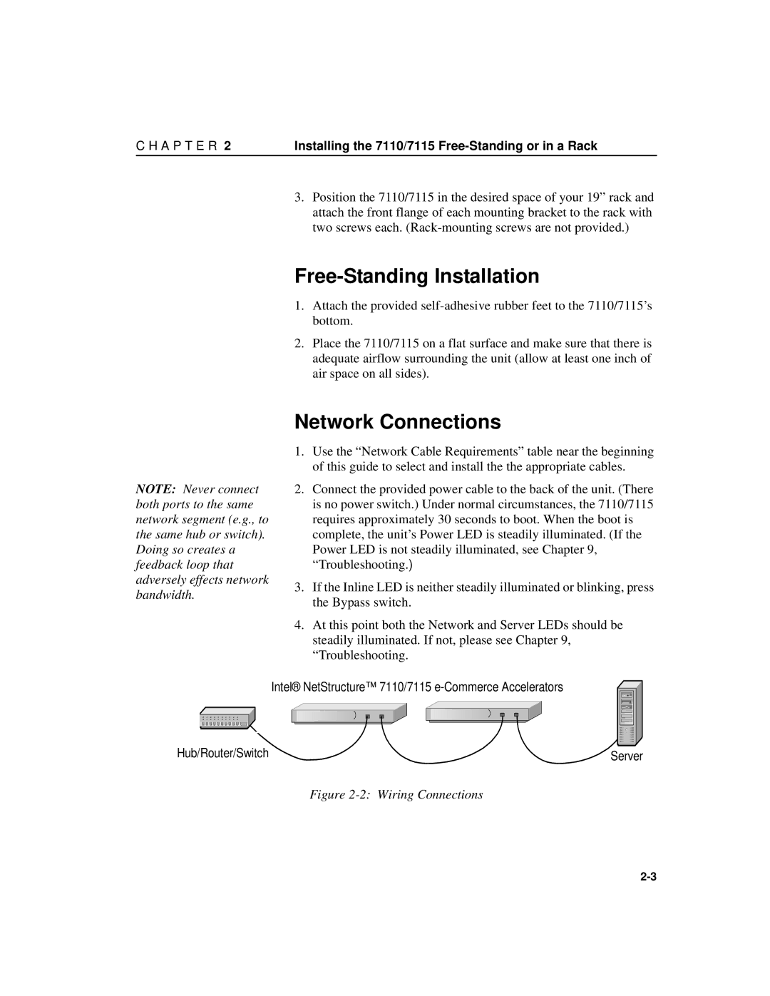 Intel A31032-001 manual Free-Standing Installation, Network Connections 