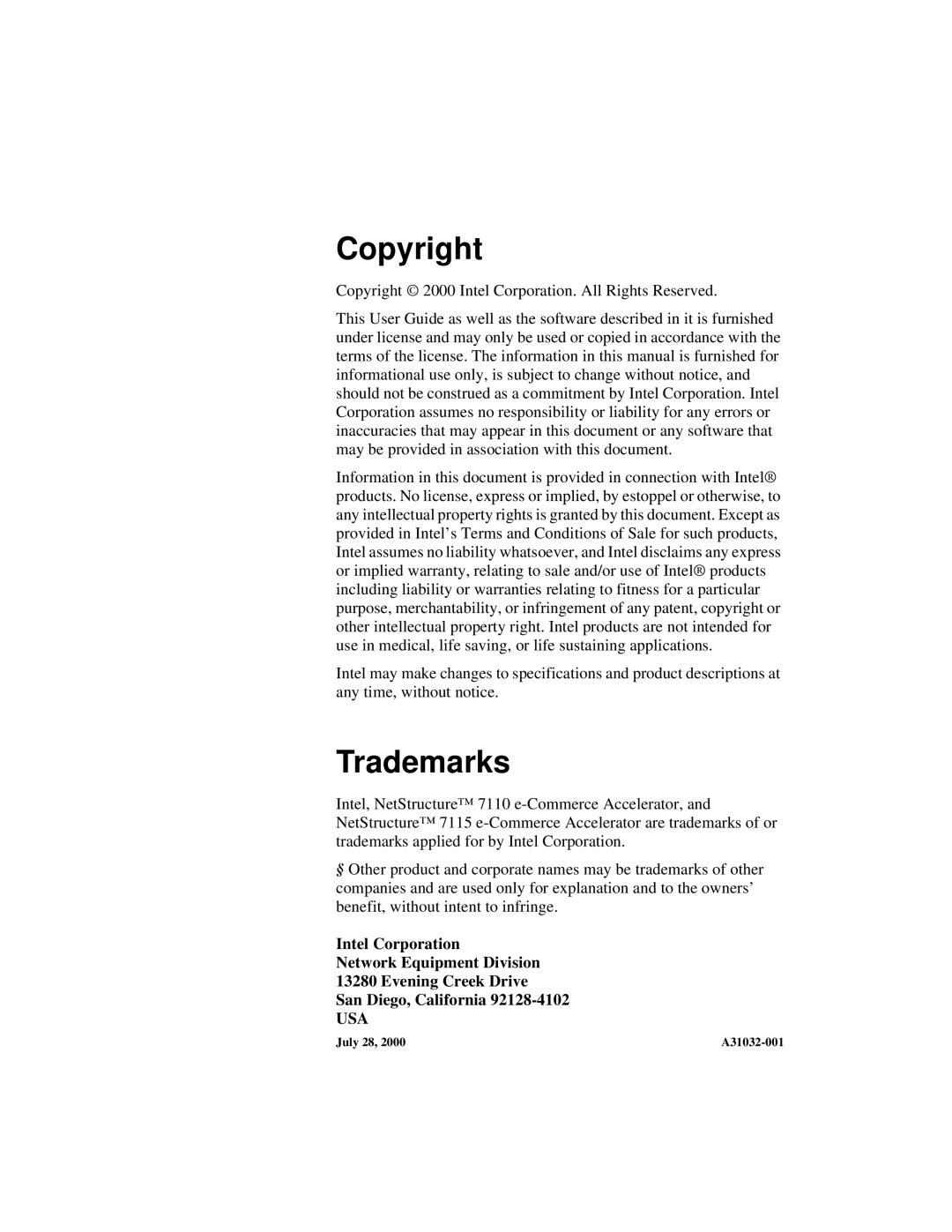 Intel A31032-001 manual Copyright, Trademarks 