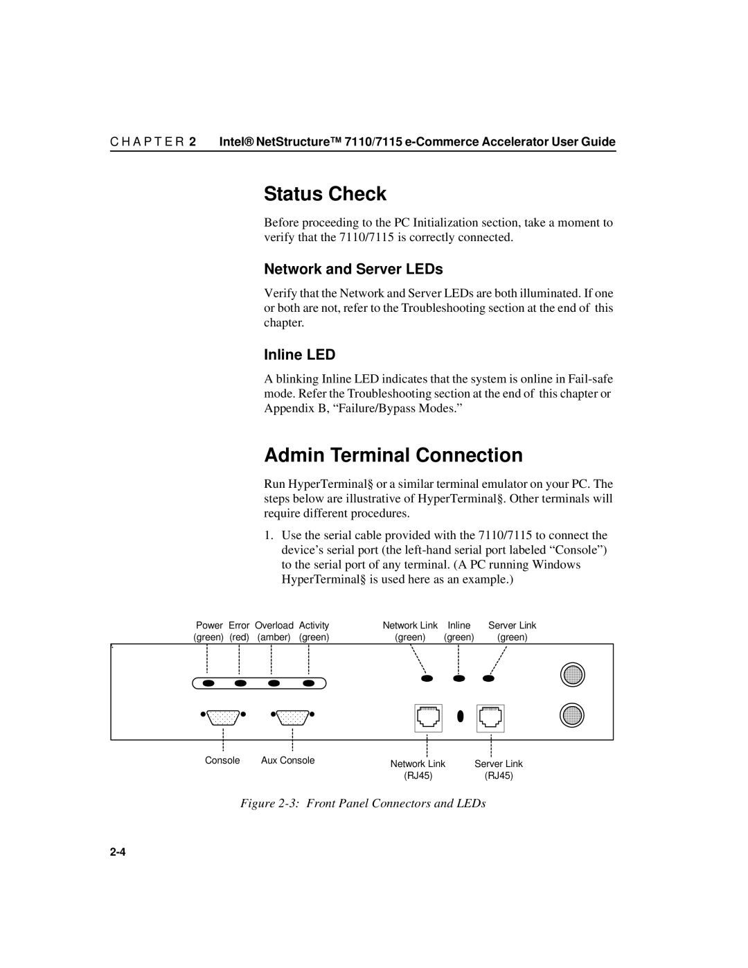 Intel A31032-001 manual Status Check, Admin Terminal Connection, Network and Server LEDs, Inline LED 