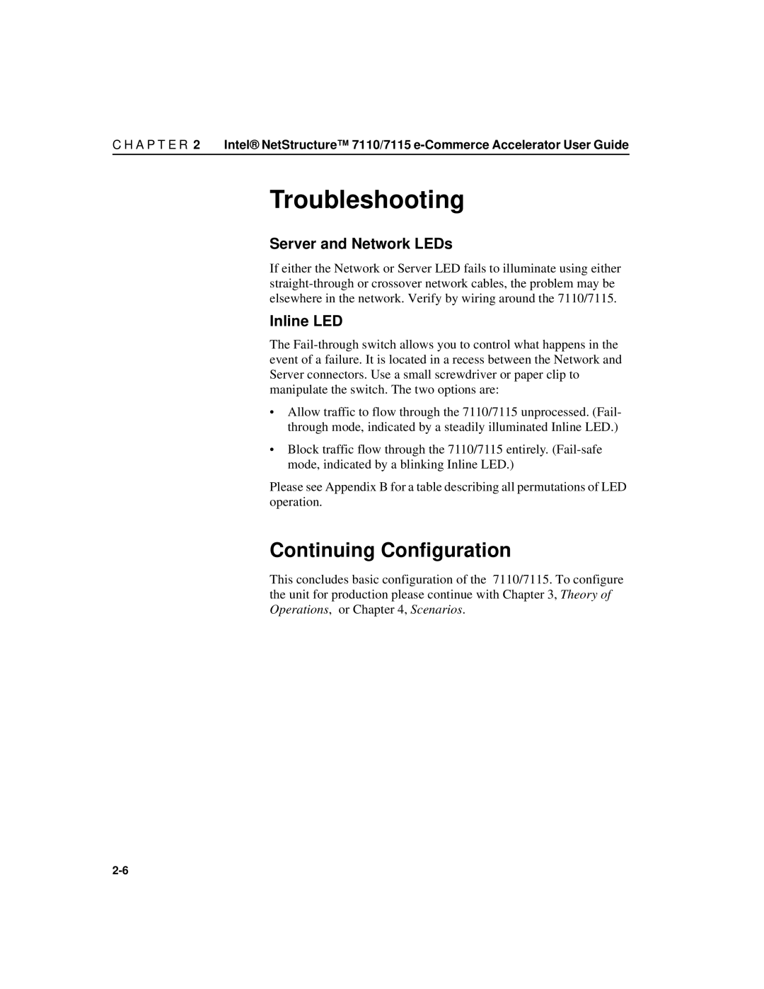 Intel A31032-001 manual Troubleshooting, Continuing Configuration, Server and Network LEDs 