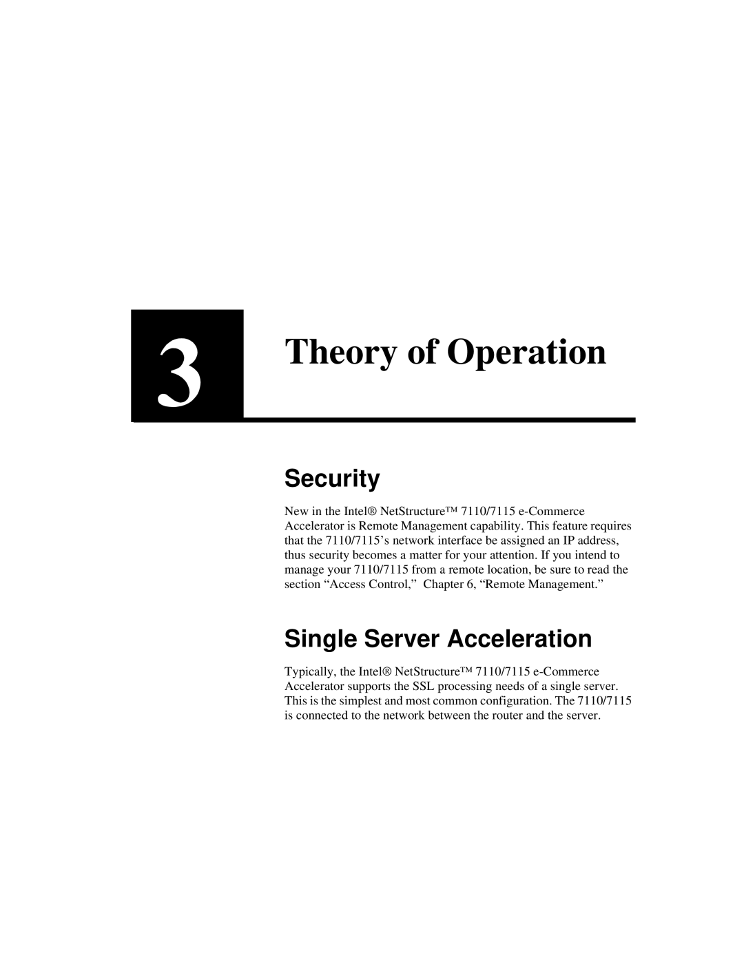 Intel A31032-001 manual Theory of Operation, Security, Single Server Acceleration 