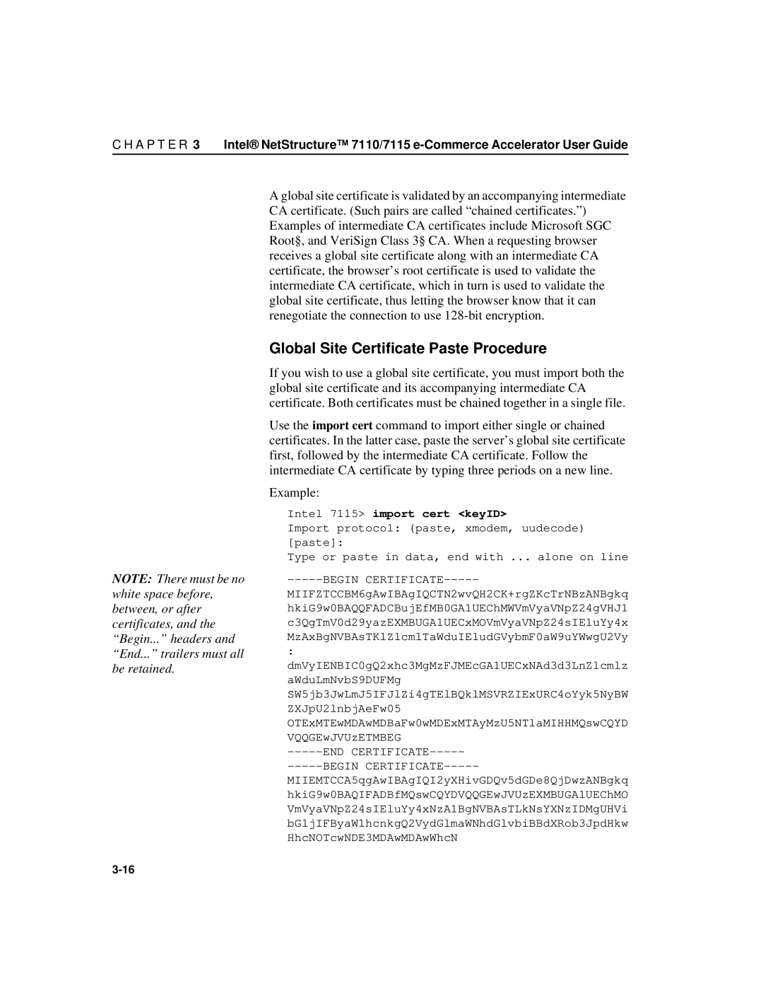 Intel A31032-001 manual Global Site Certificate Paste Procedure, Example, Intel 7115 import cert keyID 