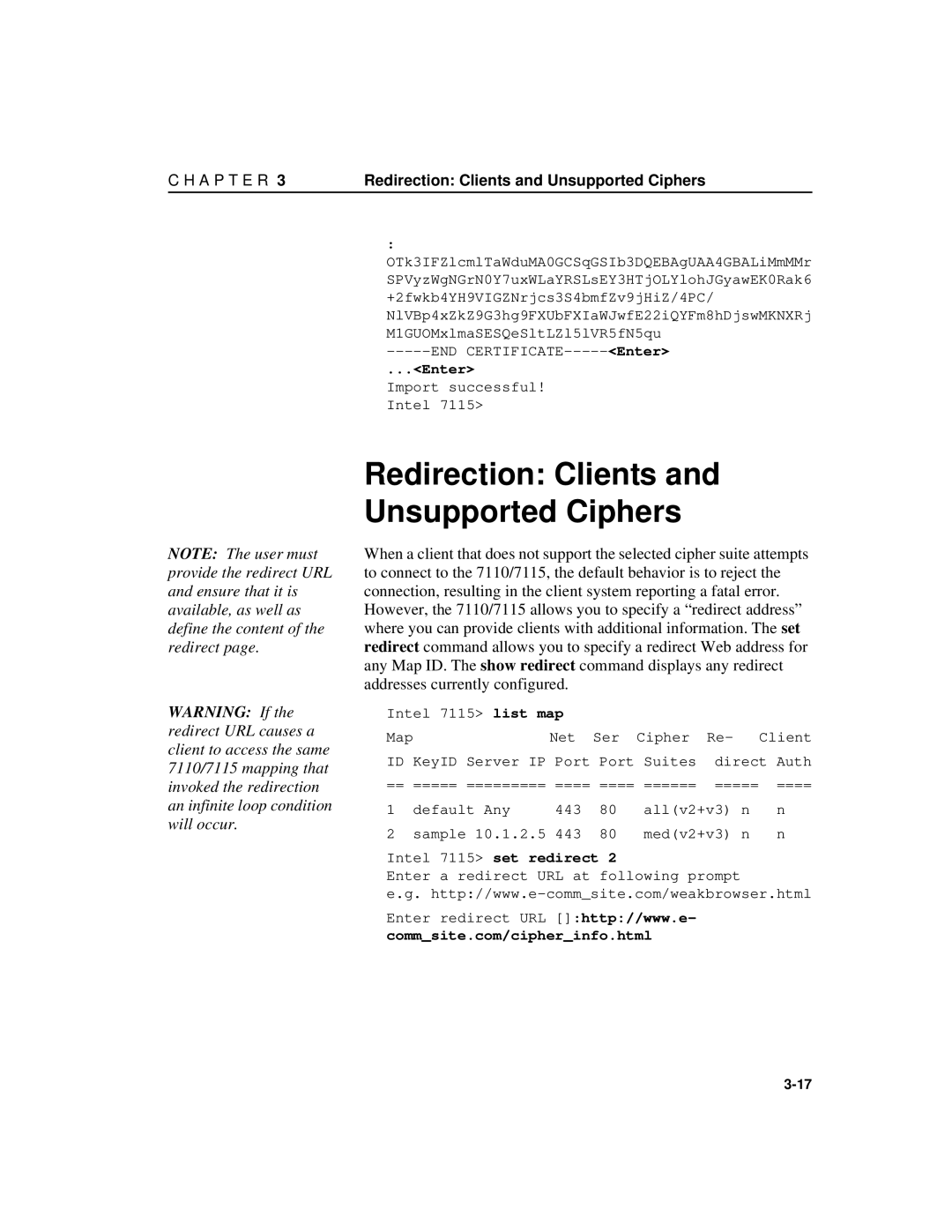 Intel A31032-001 manual A P T E R Redirection Clients and Unsupported Ciphers, Intel 7115 set redirect 