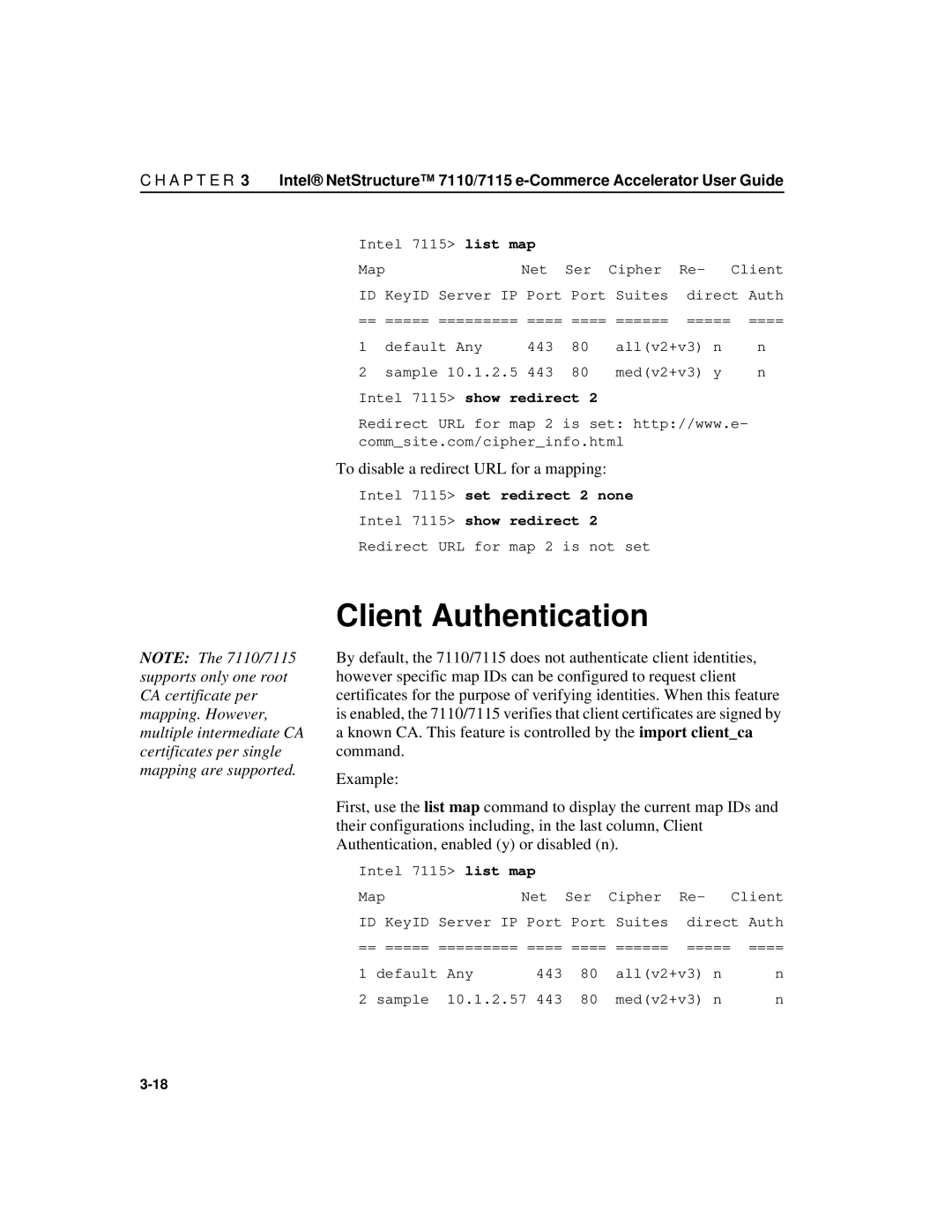 Intel A31032-001 manual Client Authentication, To disable a redirect URL for a mapping, Intel 7115 show redirect 