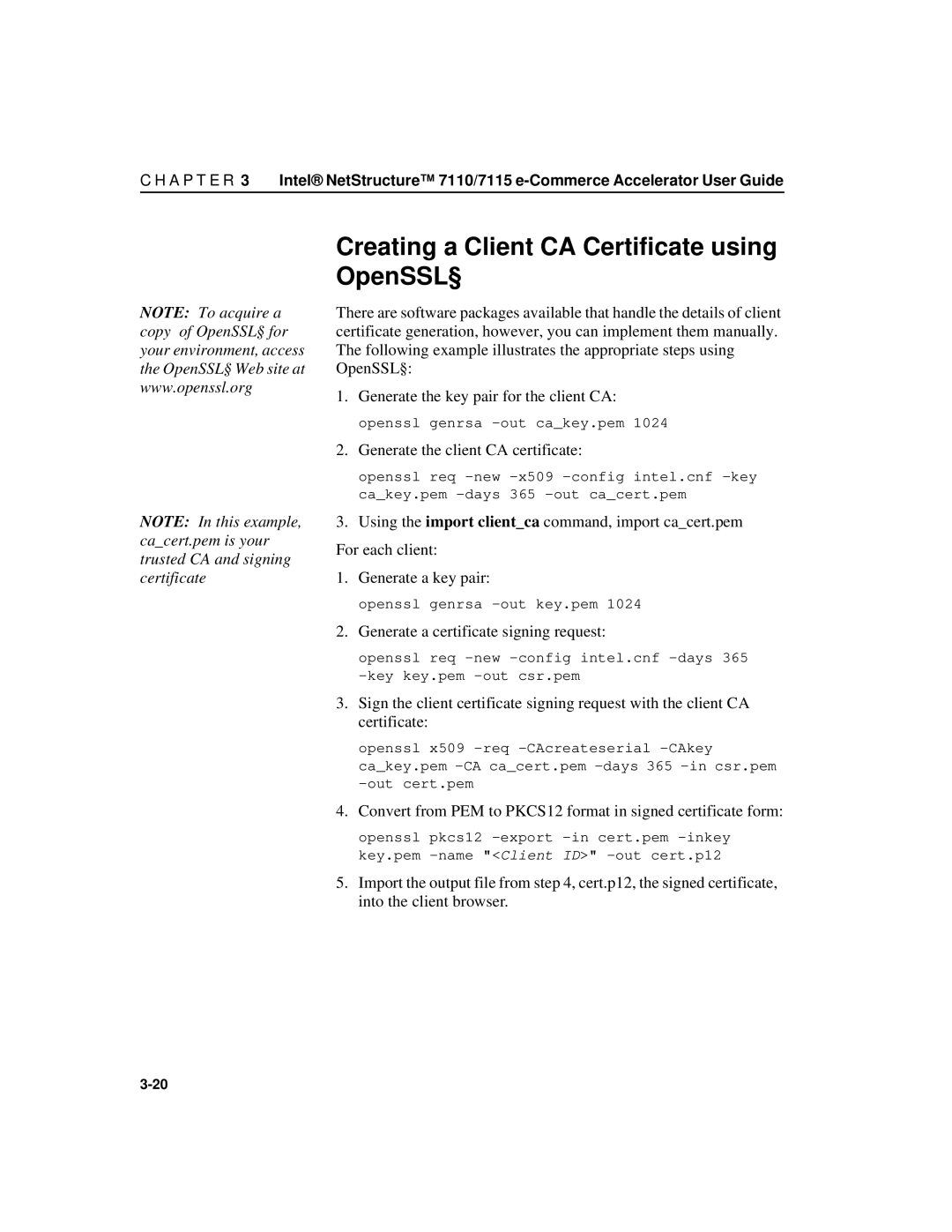 Intel A31032-001 manual Creating a Client CA Certificate using OpenSSL§, Generate the client CA certificate 