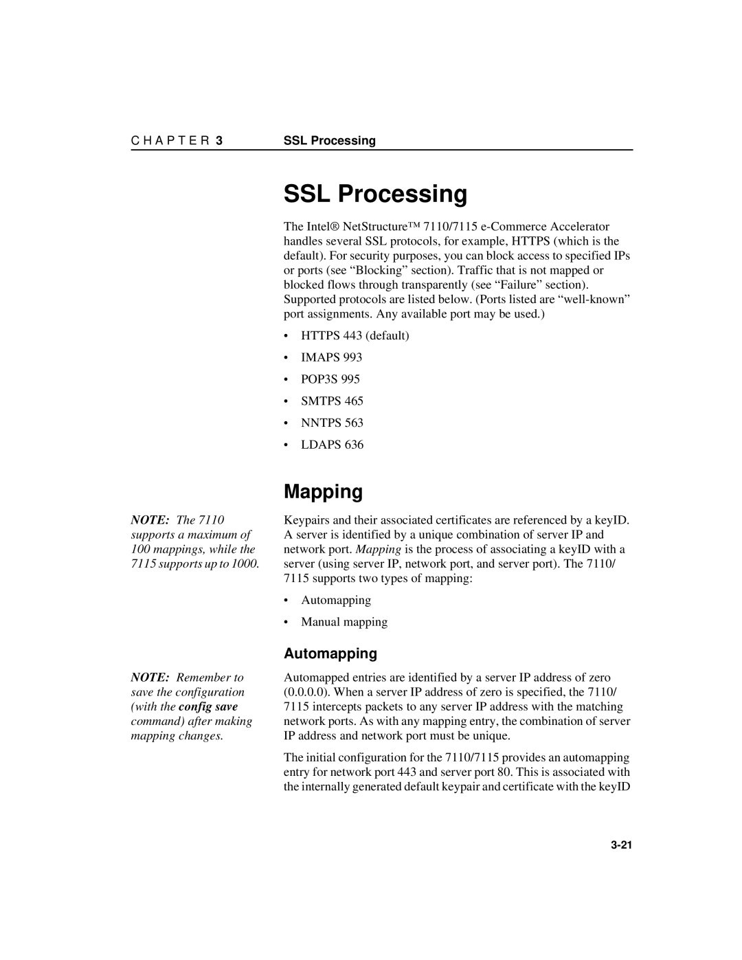 Intel A31032-001 manual SSL Processing, Mapping, Automapping 