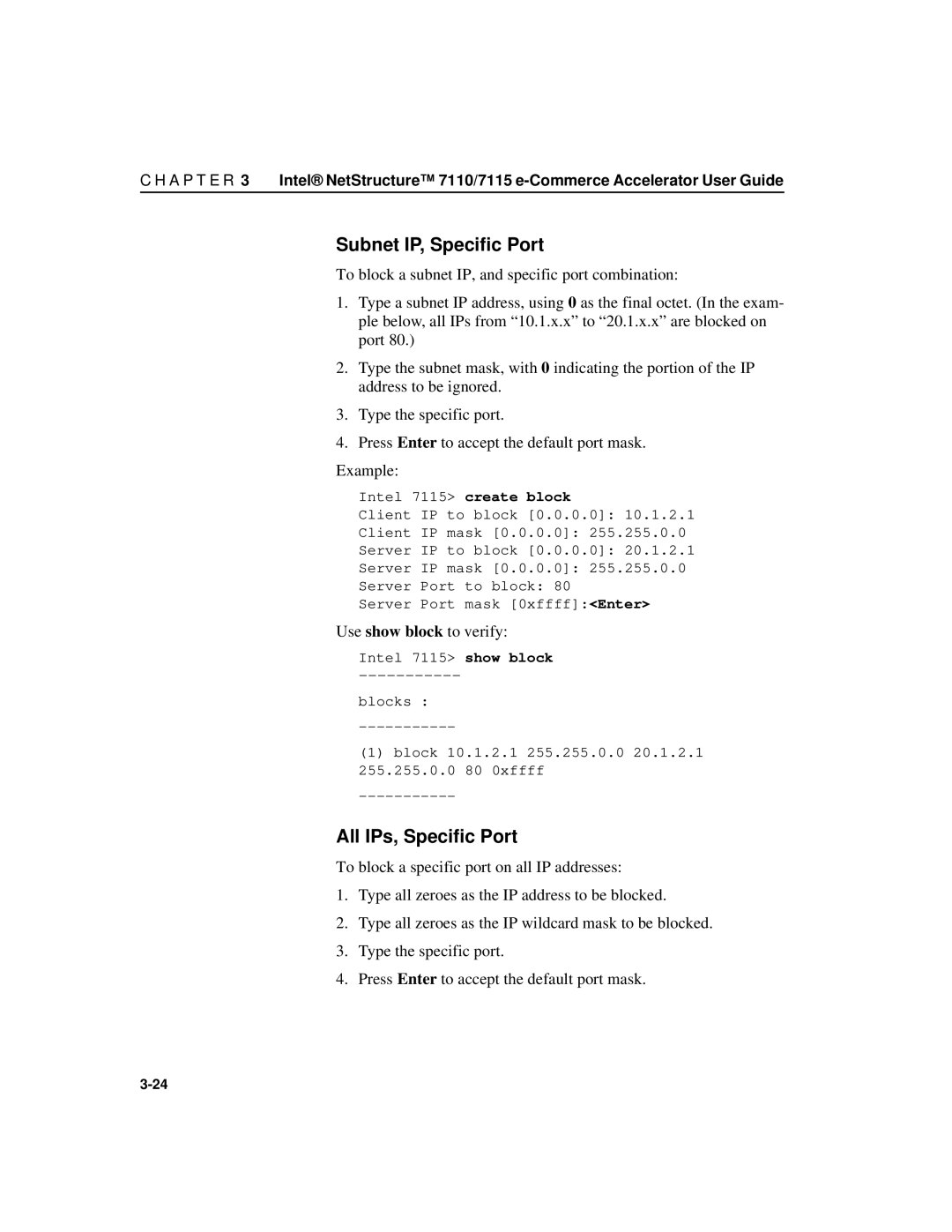 Intel A31032-001 manual Subnet IP, Specific Port, All IPs, Specific Port, Use show block to verify 