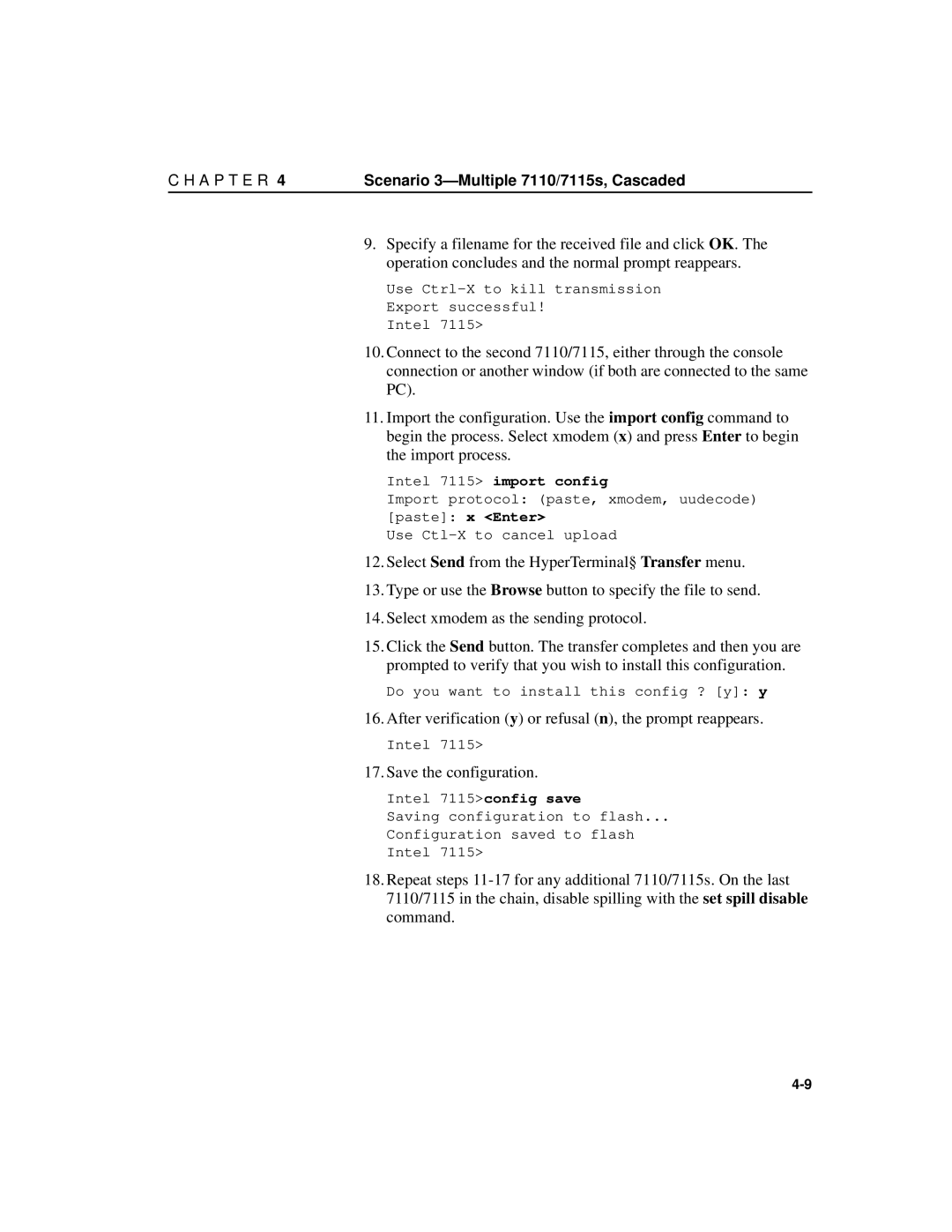 Intel A31032-001 After verification y or refusal n, the prompt reappears, Save the configuration, Intel 7115 import config 