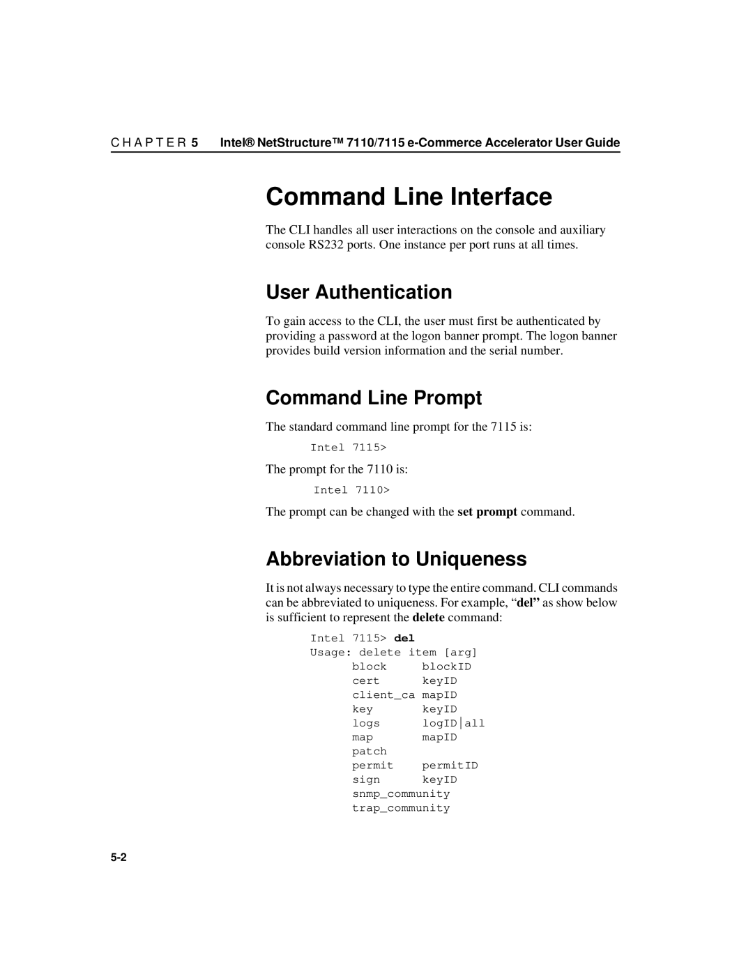 Intel A31032-001 manual Command Line Interface, User Authentication, Command Line Prompt, Abbreviation to Uniqueness 