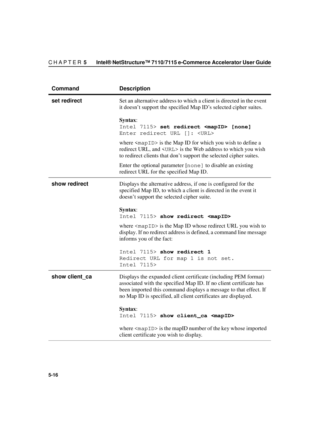 Intel A31032-001 manual Command Description Set redirect, Show redirect, Show clientca 