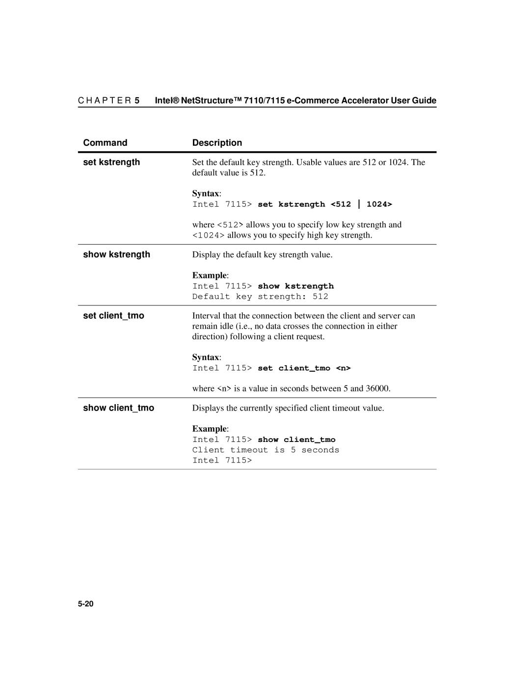 Intel A31032-001 manual Command Description Set kstrength, Show kstrength, Set clienttmo, Show clienttmo 