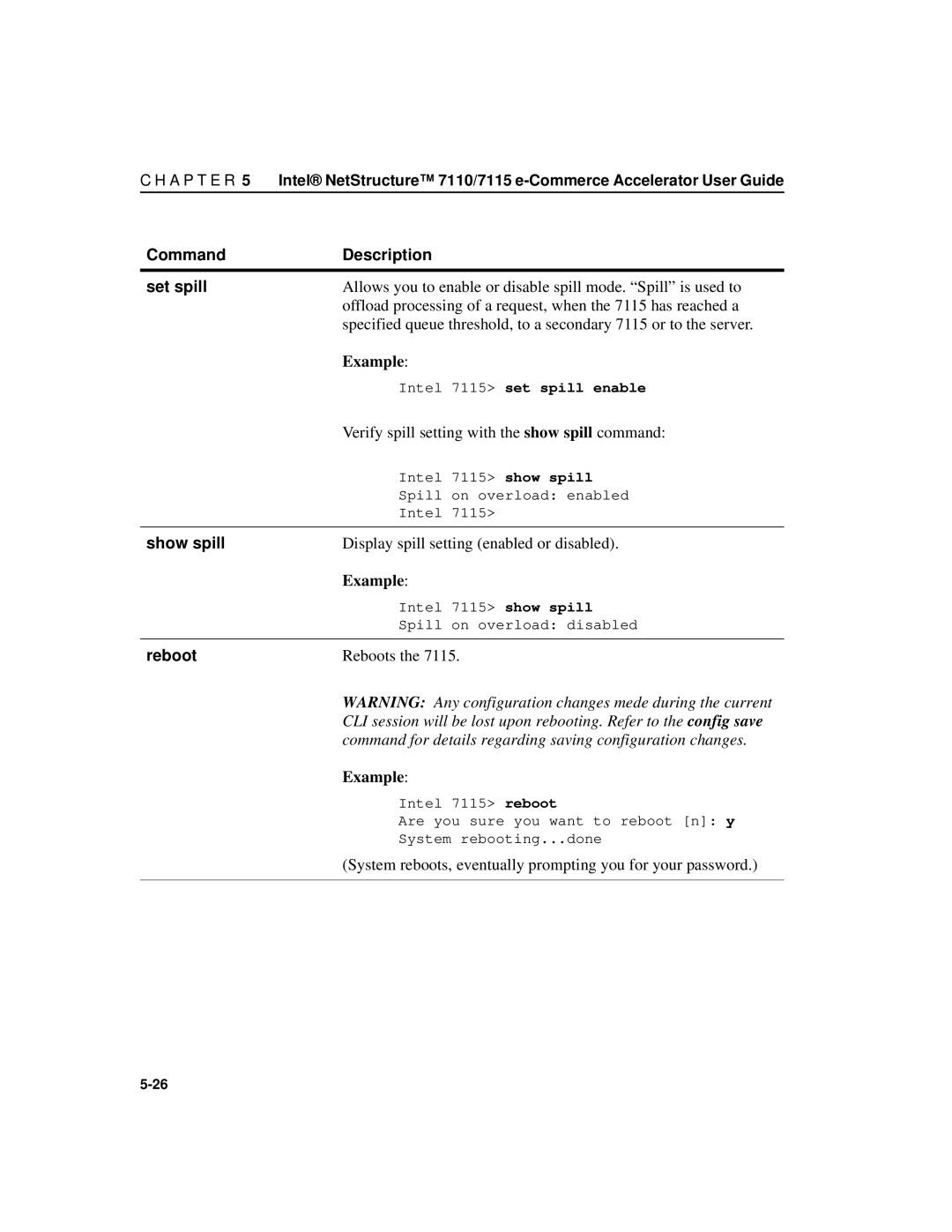 Intel A31032-001 manual Command Description Set spill, Show spill 