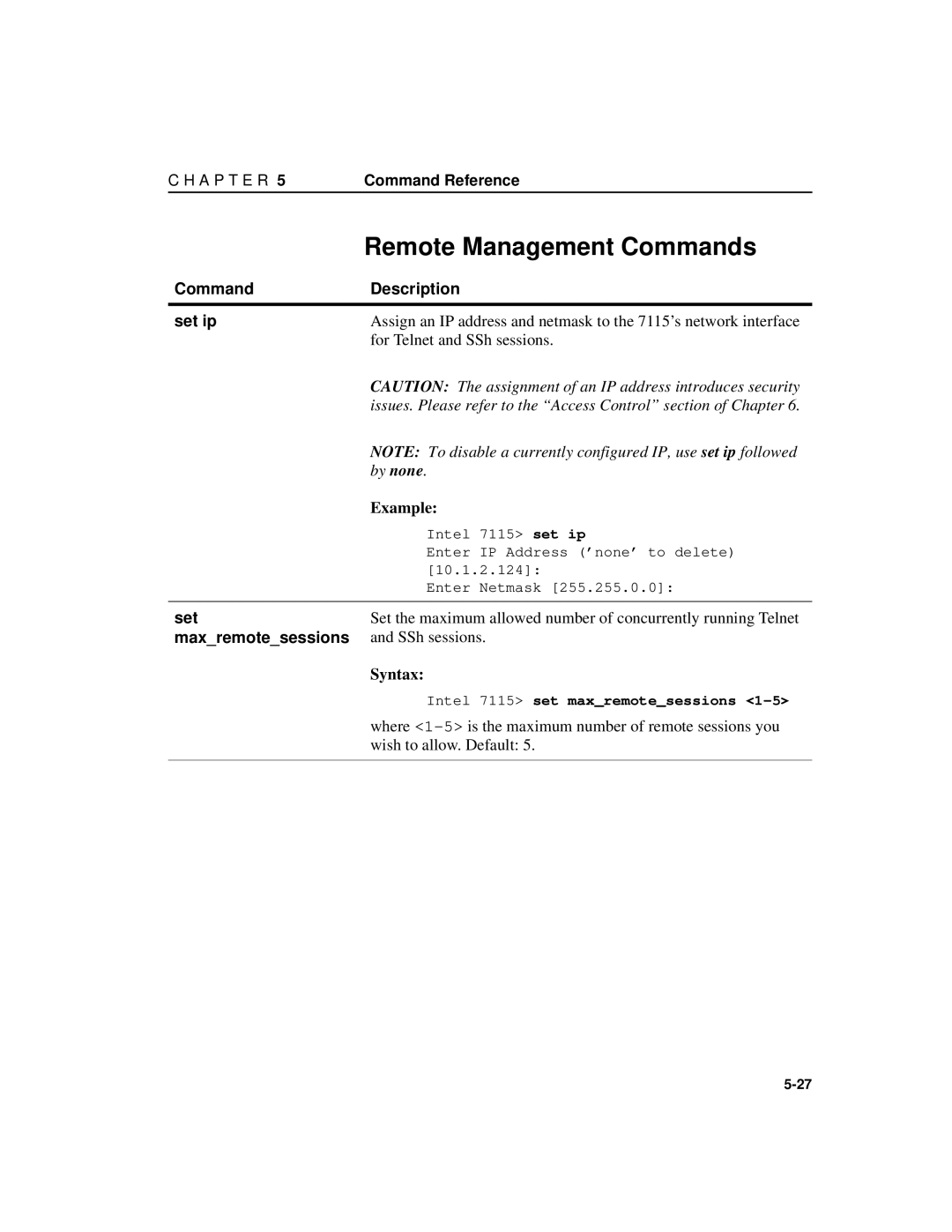 Intel A31032-001 manual Remote Management Commands, Command Description Set ip, Maxremotesessions 