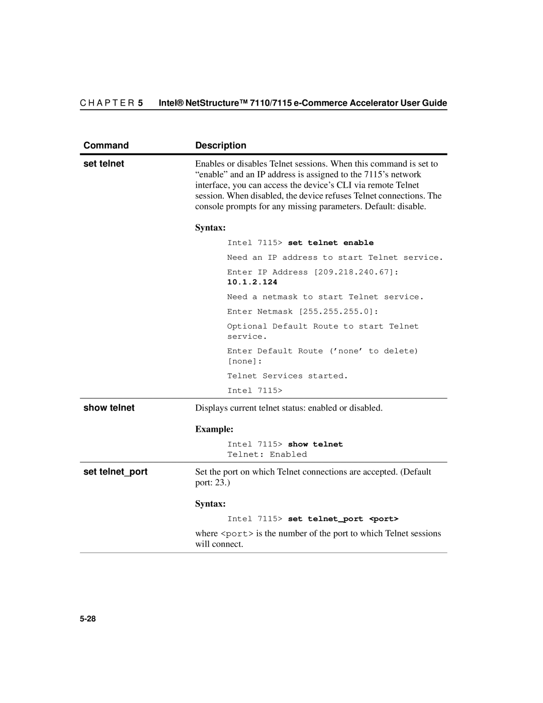 Intel A31032-001 manual Command Description Set telnet, Show telnet, Set telnetport 