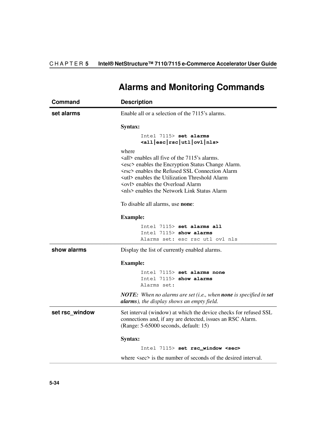 Intel A31032-001 manual Alarms and Monitoring Commands, Command Description Set alarms, Show alarms, Set rscwindow 