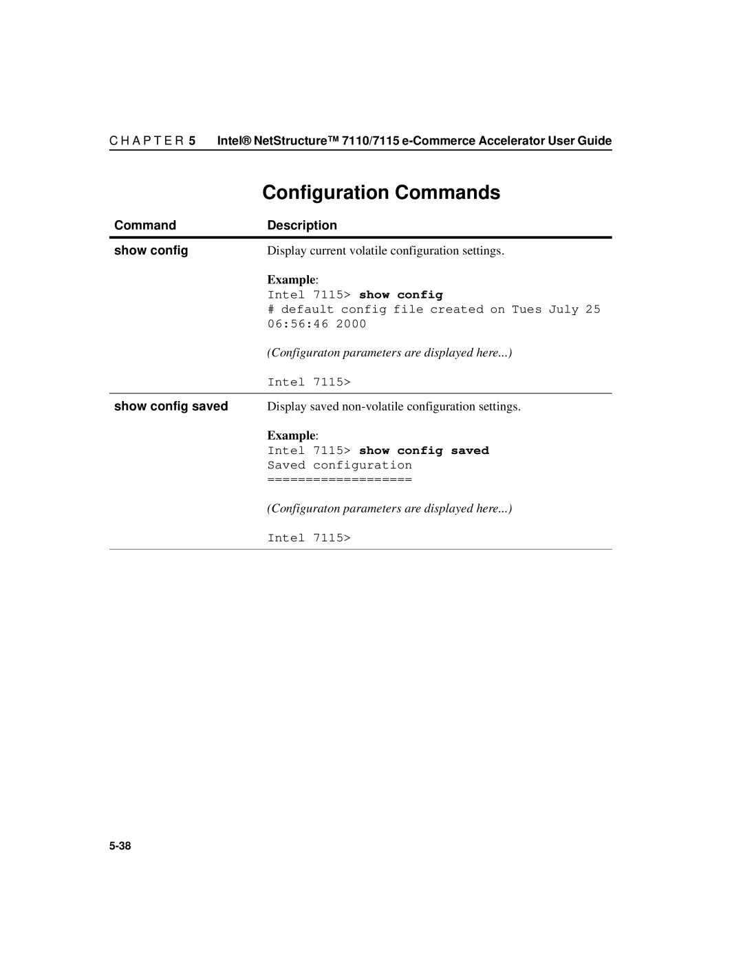 Intel A31032-001 Configuration Commands, Command Description Show config, Display current volatile configuration settings 