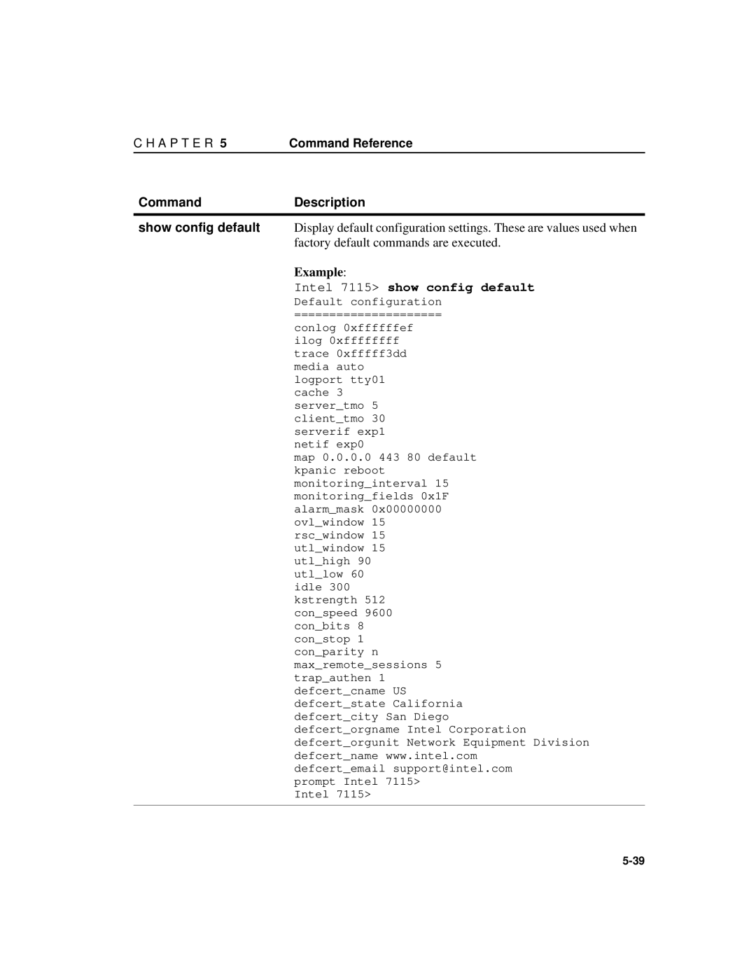 Intel A31032-001 manual Intel 7115 show config default Default configuration 