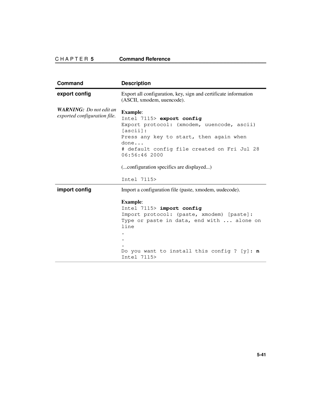 Intel A31032-001 manual Command Description Export config, ASCII, xmodem, uuencode, Configuration specifics are displayed 