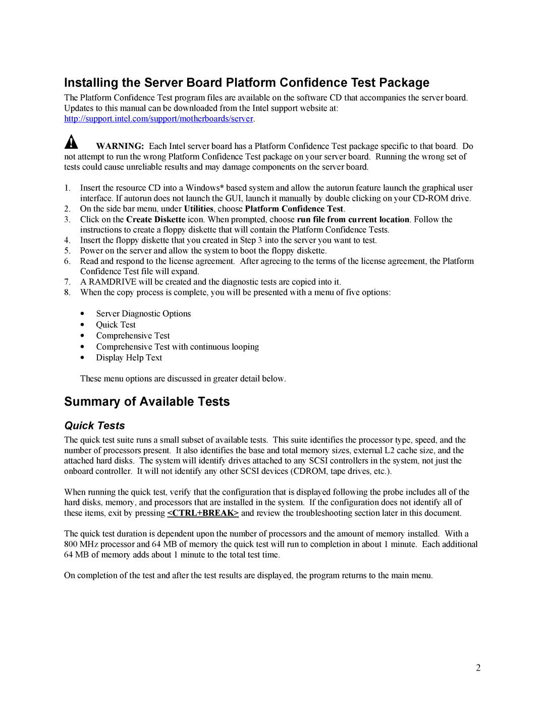 Intel A96134-002 manual Installing the Server Board Platform Confidence Test Package, Summary of Available Tests 