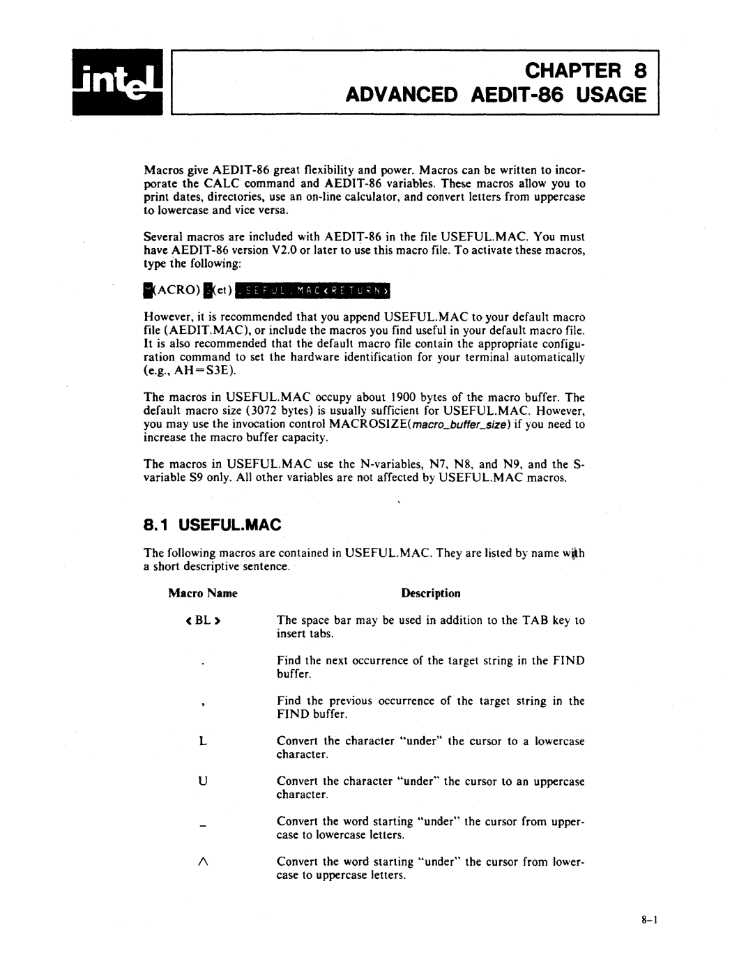 Intel manual Chapter Advanced AEDIT-86 Usage, Useful.Mac 