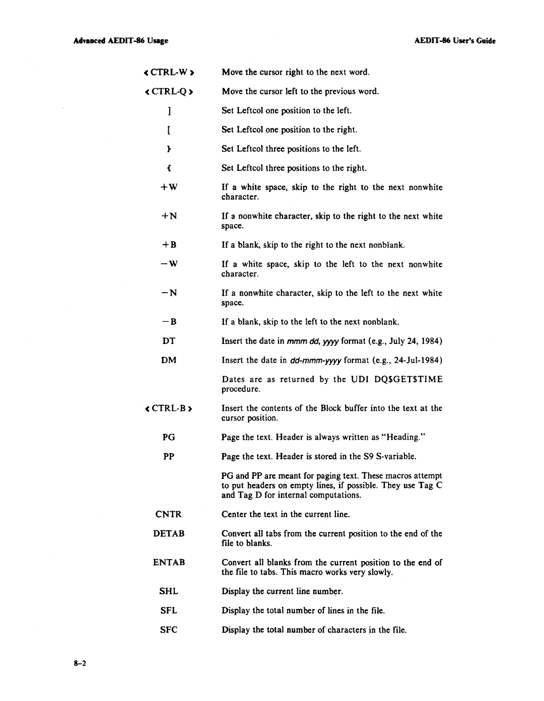 Intel AEDIT-86 manual Move the cursor right to the next word, Move the cursor left to the previous word, Character, Space 