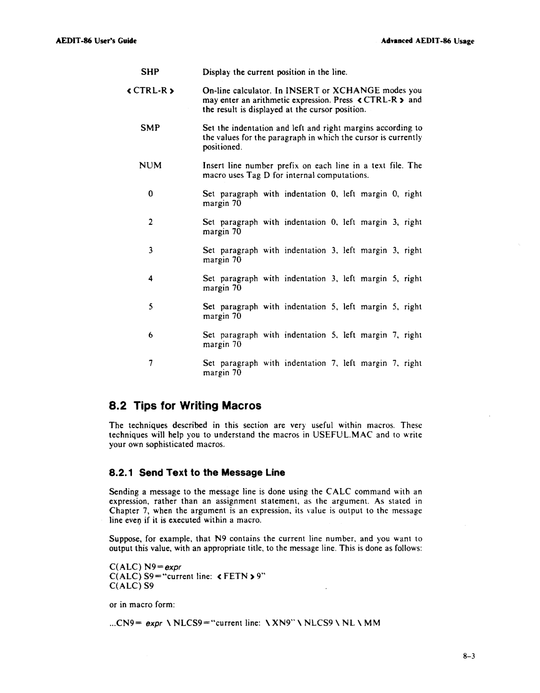 Intel AEDIT-86 manual Tips for Writing Macros, Send Text to the Message Line 