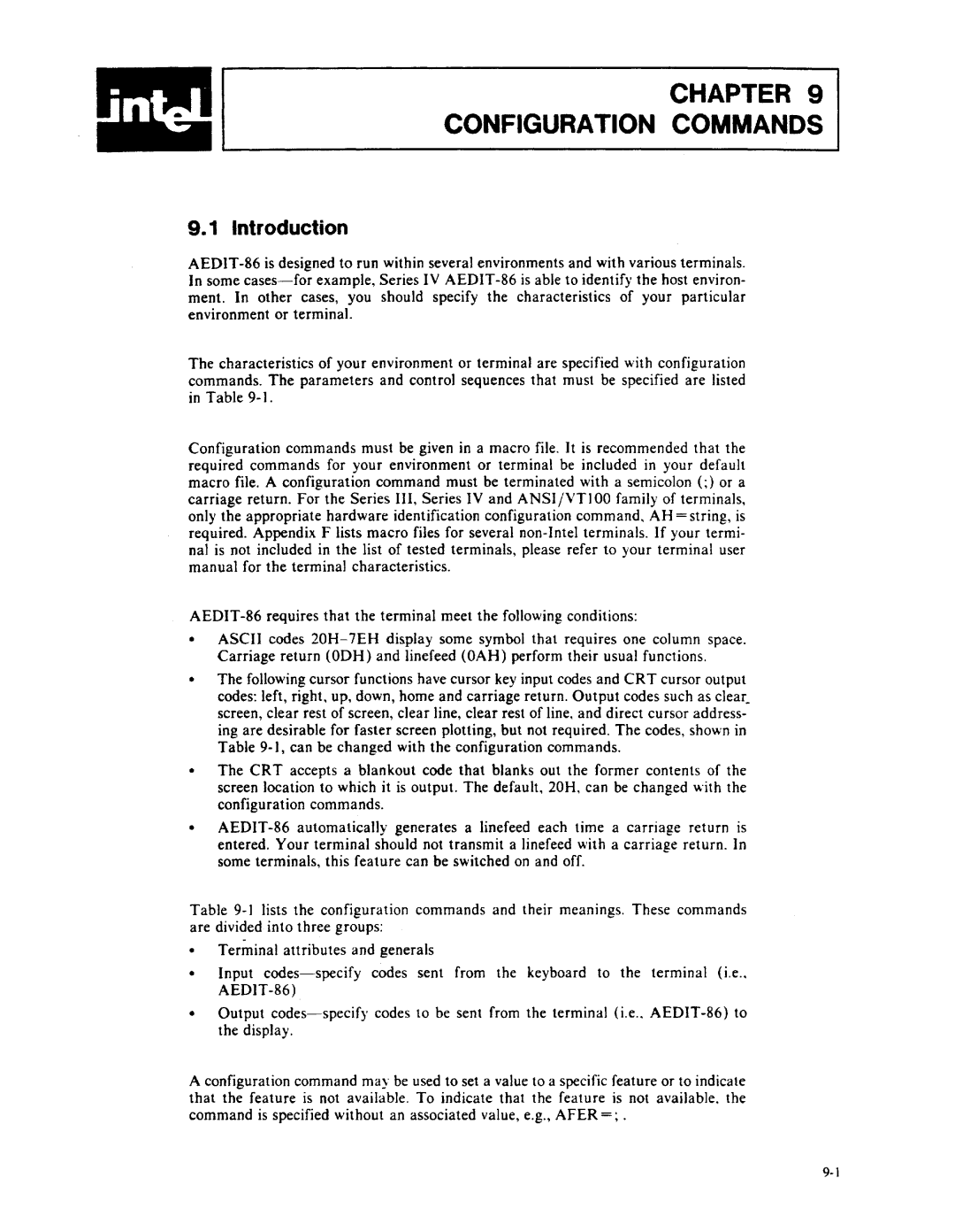 Intel AEDIT-86 manual Chapter Configuration Commands, Introduction 