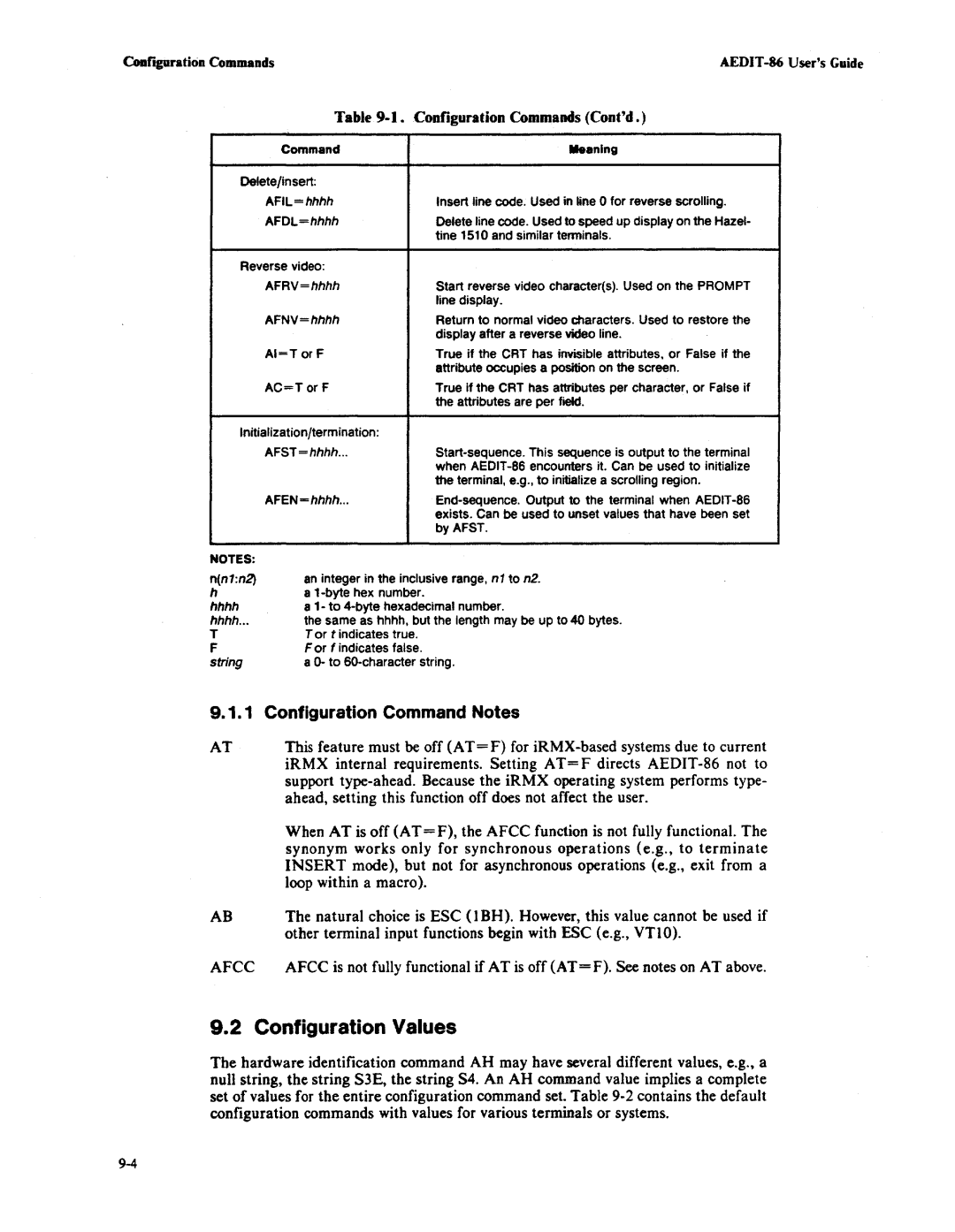 Intel AEDIT-86 manual Configuration Values, Configuration Command Notes, Afcc 