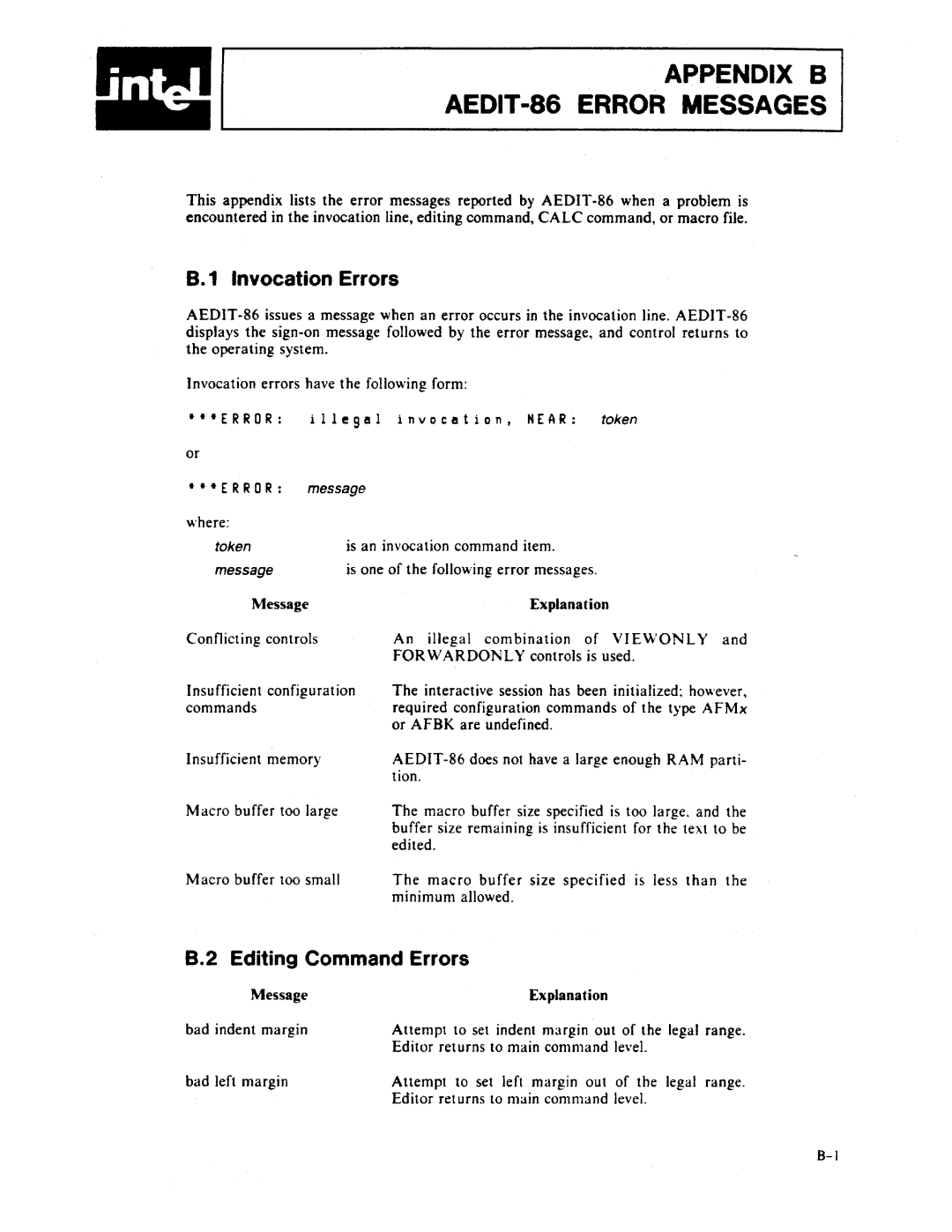 Intel manual Appendix B AEDIT-86 Error Messages, Invocation Errors, Editing Command Errors 