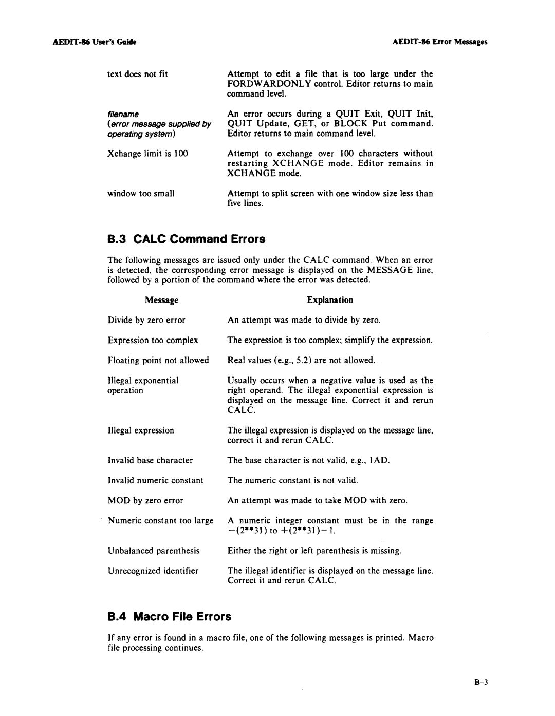 Intel AEDIT-86 manual Calc Command Errors, Macro File Errors 