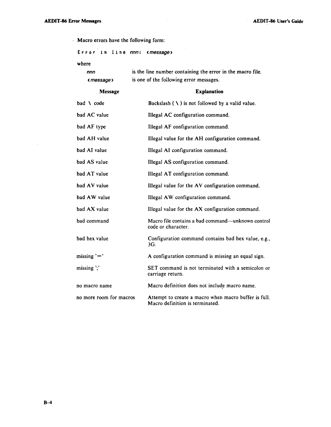 Intel AEDIT-86 manual Macro errors have the following form Err 0 r 1 nIl n e 