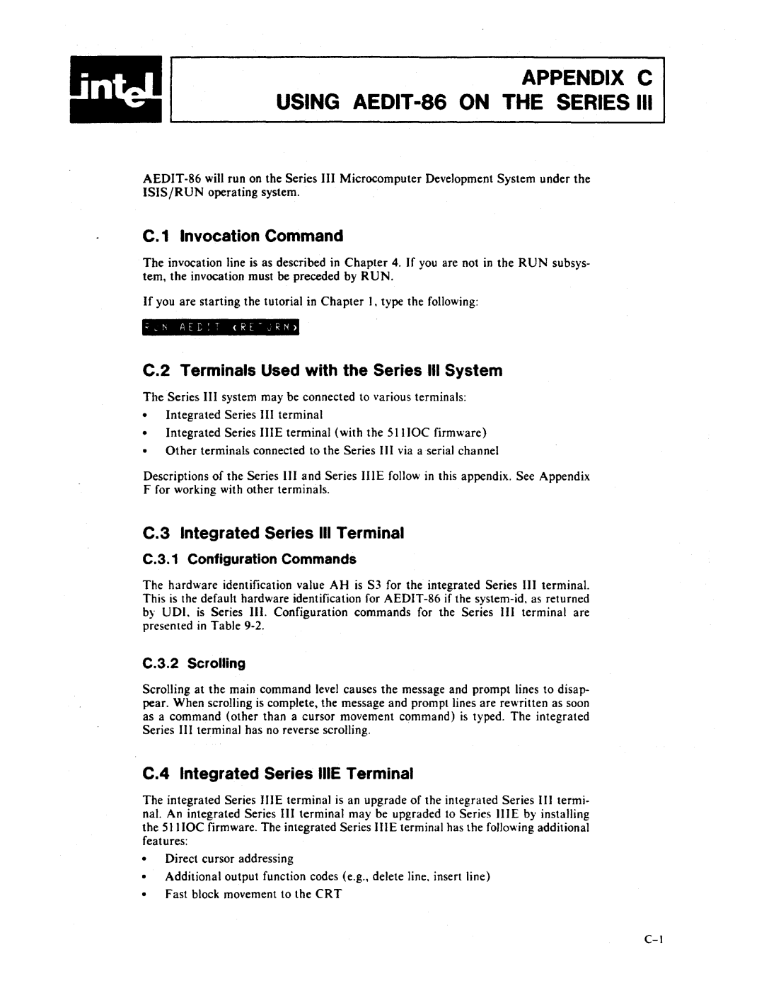 Intel AEDIT-86 manual Invocation Command, Terminals Used with the Series III System, Integrated Series III Terminal 