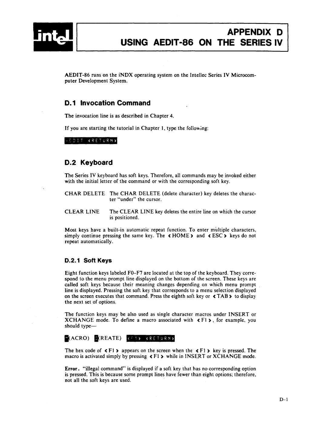 Intel manual Appendix D Using AEDIT-86 on the Series, Invocation Command, Keyboard, Acro Ireate -1 Return 