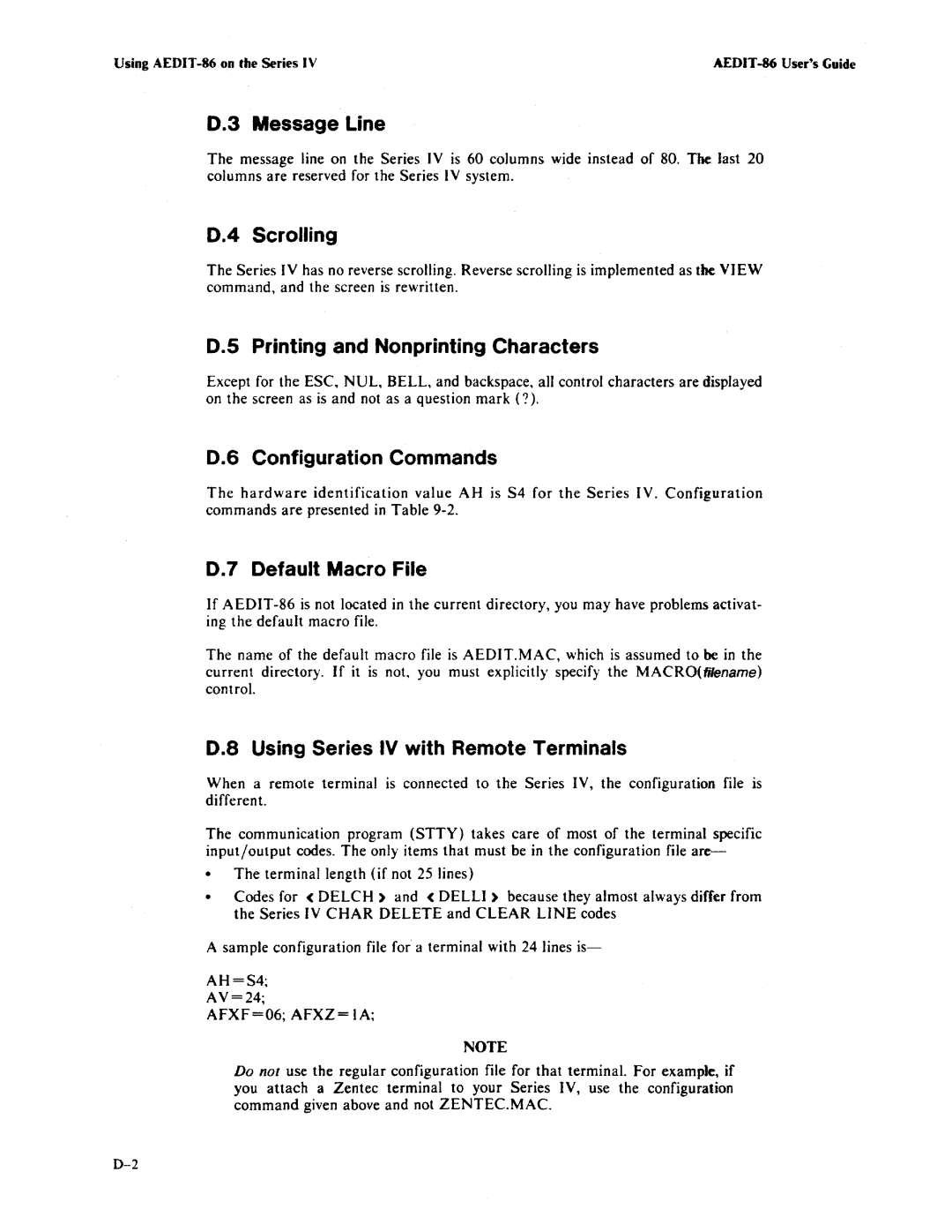 Intel AEDIT-86 Message Line, Scrolling, Printing and Nonprinting Characters, Configuration Commands, Default Macro File 