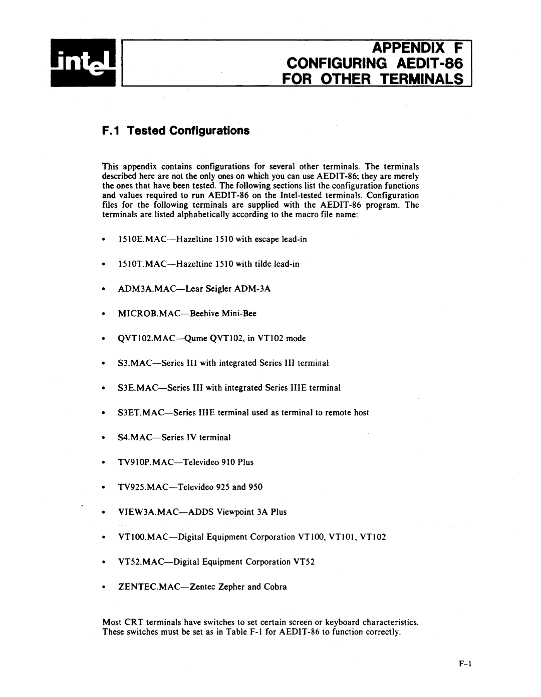 Intel manual Appendix F Configuring AEDIT-86 For Other Terminals, Tested Configurations 