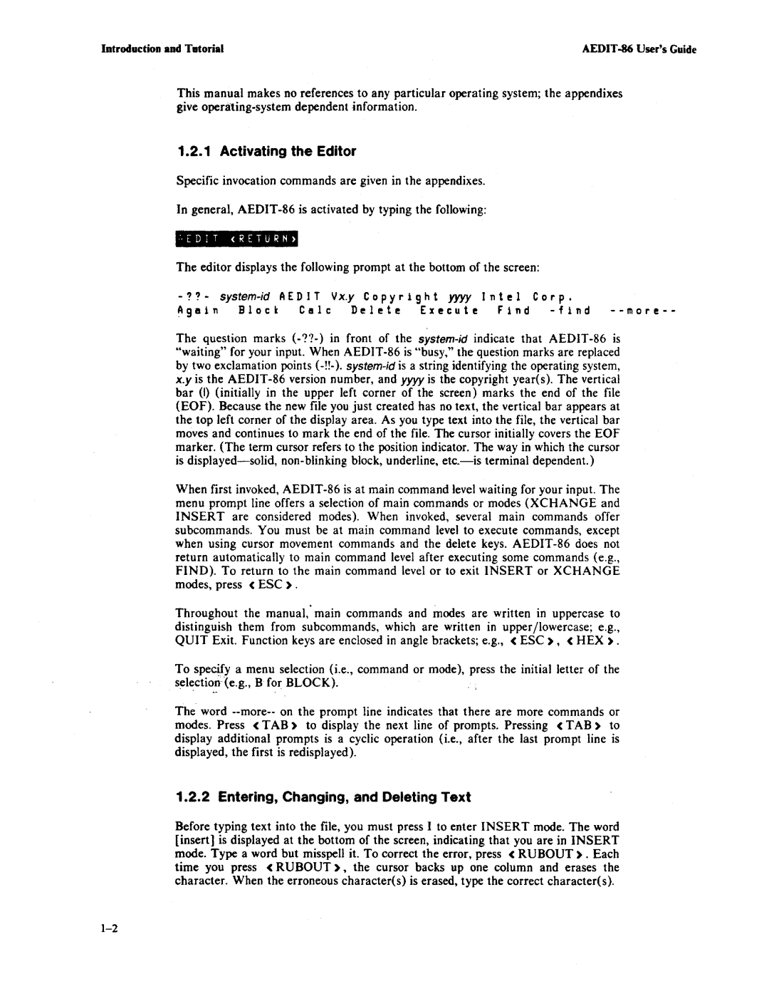 Intel AEDIT-86 manual Activating the Editor, Entering, Changing, and Deleting Text 