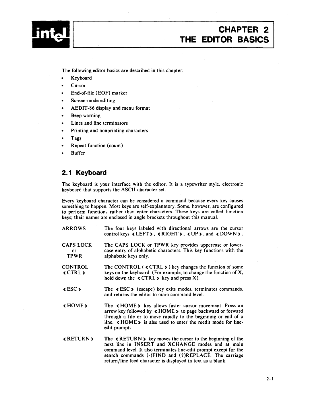 Intel AEDIT-86 manual Arrows, Caps Lock, Tpwr, Control, Ctrl, Esc, Home, Return 