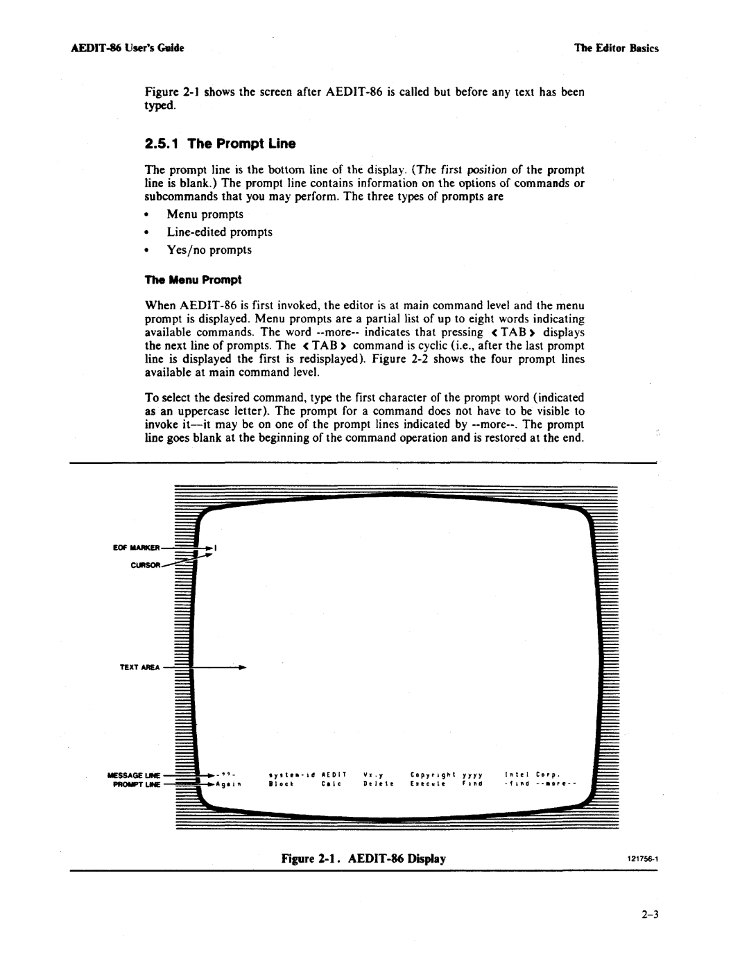 Intel AEDIT-86 manual Prompt Line, Menu Prompt 