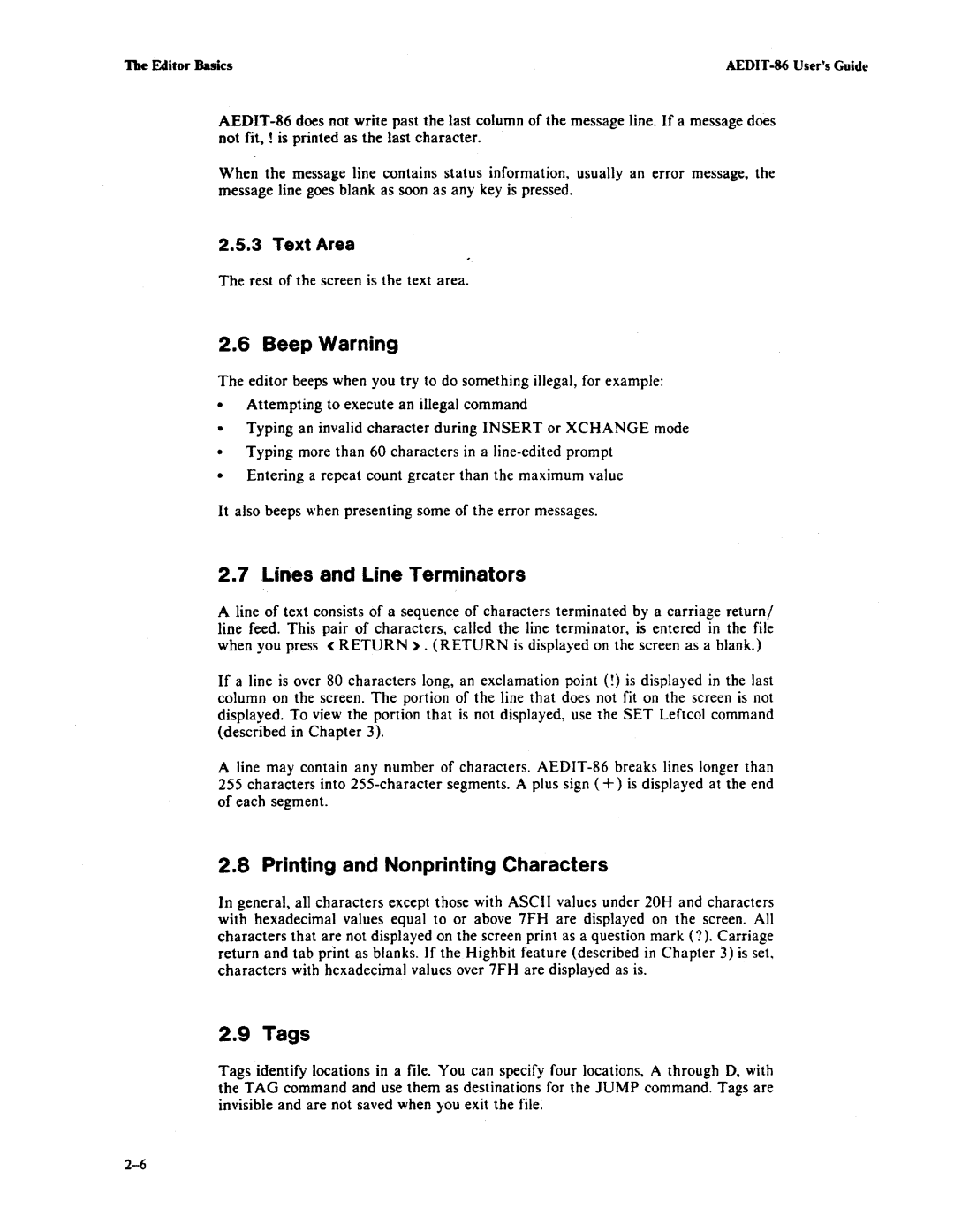 Intel AEDIT-86 manual Beep Warning, Lines and Line Terminators, Printing and Nonprinting Characters, Tags, Text Area 