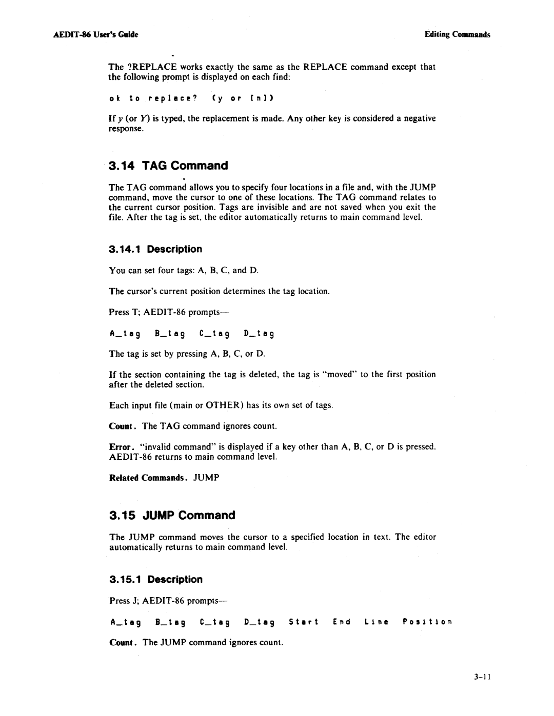 Intel AEDIT-86 manual ·3.14 TAG Command, Jump Command 