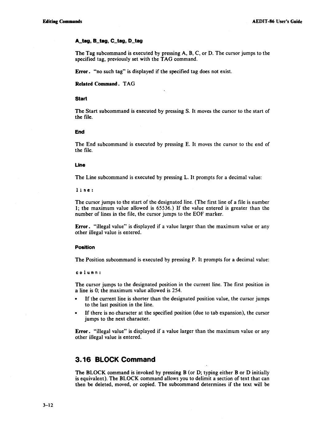 Intel AEDIT-86 manual Block Command, Start, End, Line, Position 