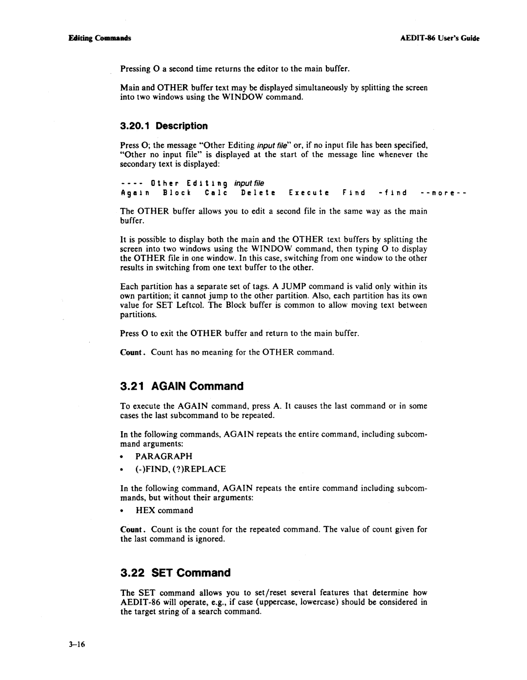 Intel AEDIT-86 manual Again Command, SET Command, Paragraph FIND, ?REPLACE 