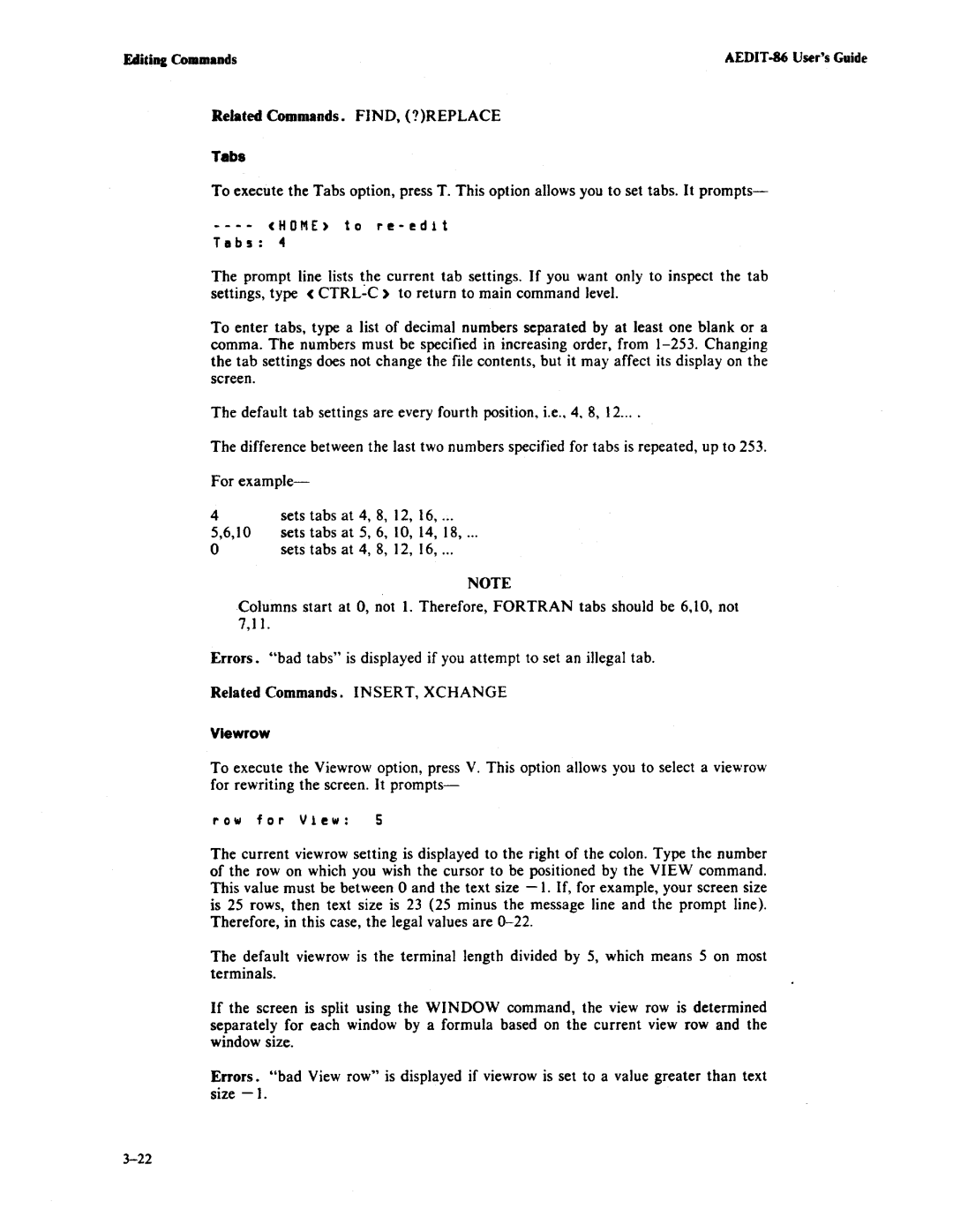 Intel AEDIT-86 manual Row for VIew, Tabs, Viewrow 