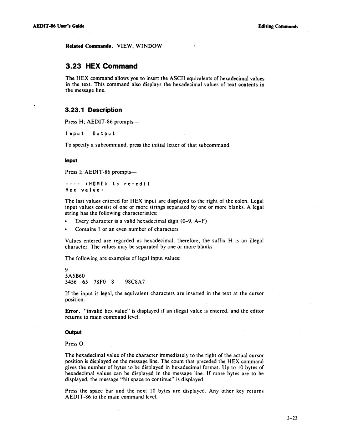 Intel AEDIT-86 manual HEX Command, Put Output, Input 