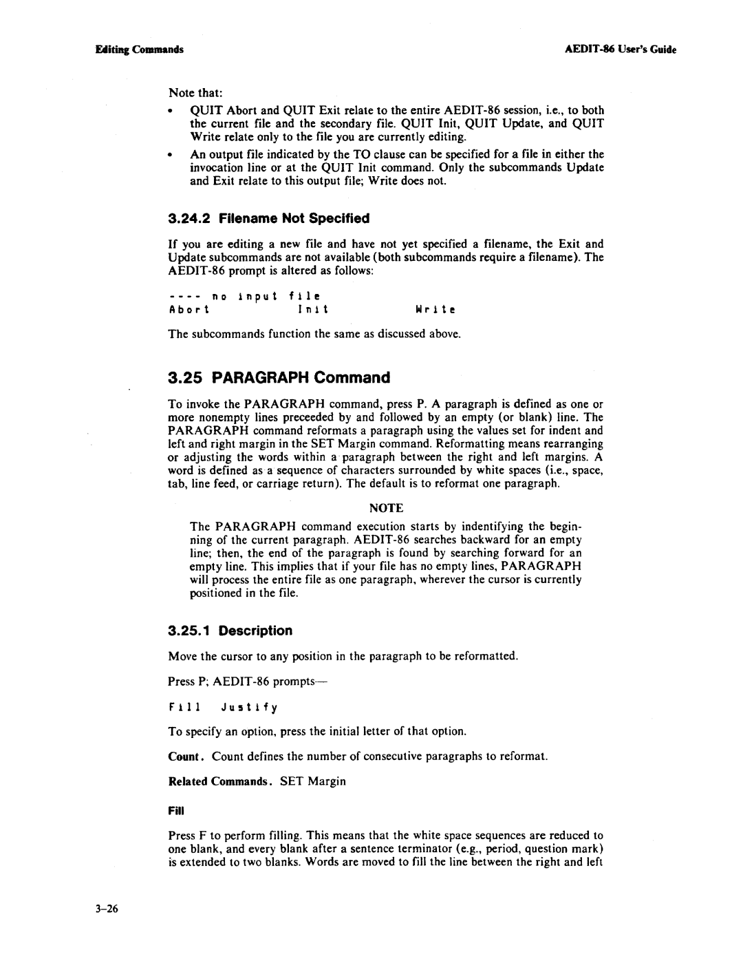 Intel AEDIT-86 manual Paragraph Command, Filename Not Specified, Fill 