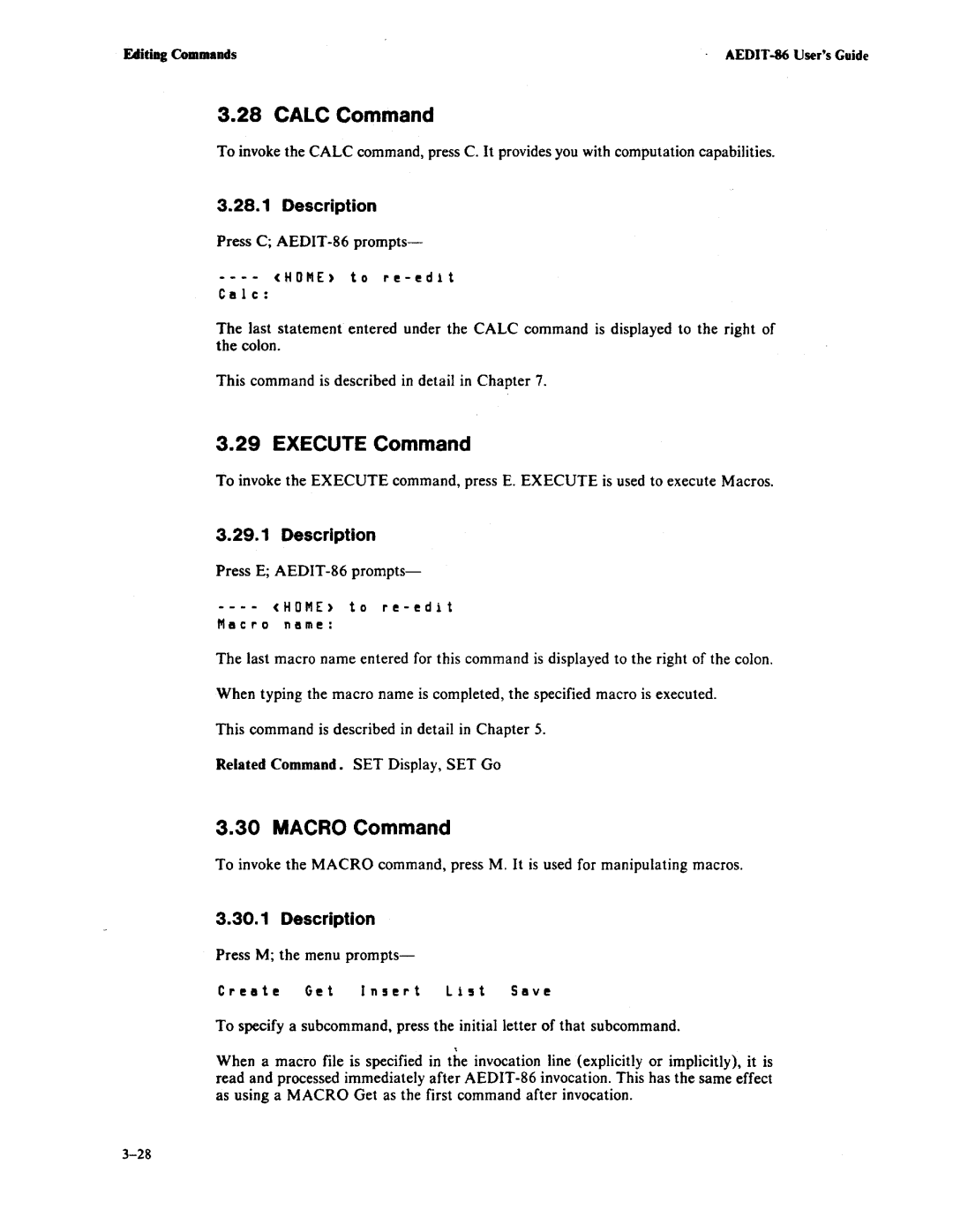 Intel AEDIT-86 manual Calc Command, Execute Command, Macro Command 