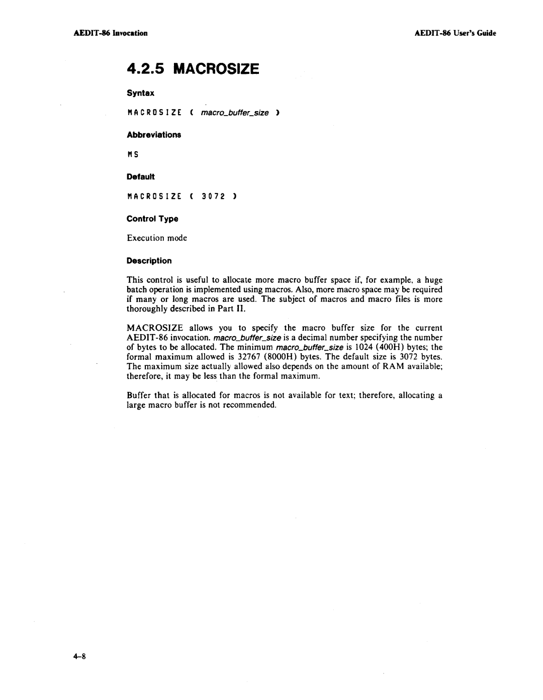 Intel AEDIT-86 manual Macrosize, Abbreviations Default 