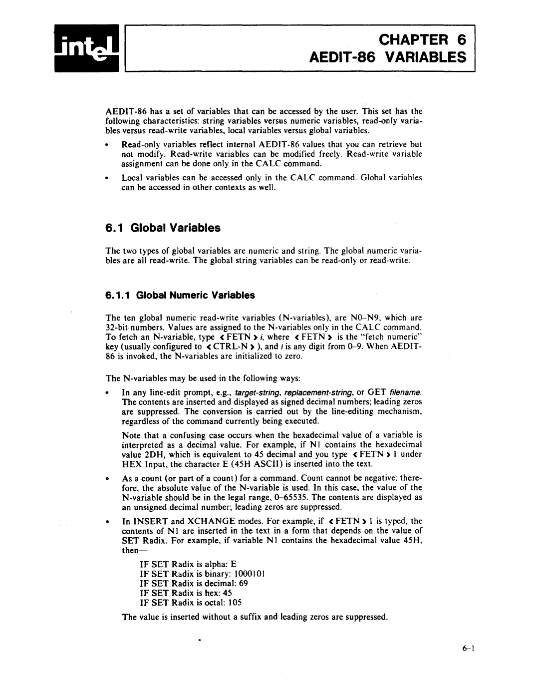 Intel AEDIT-86 manual Global Variables, Global Numeric Variables 