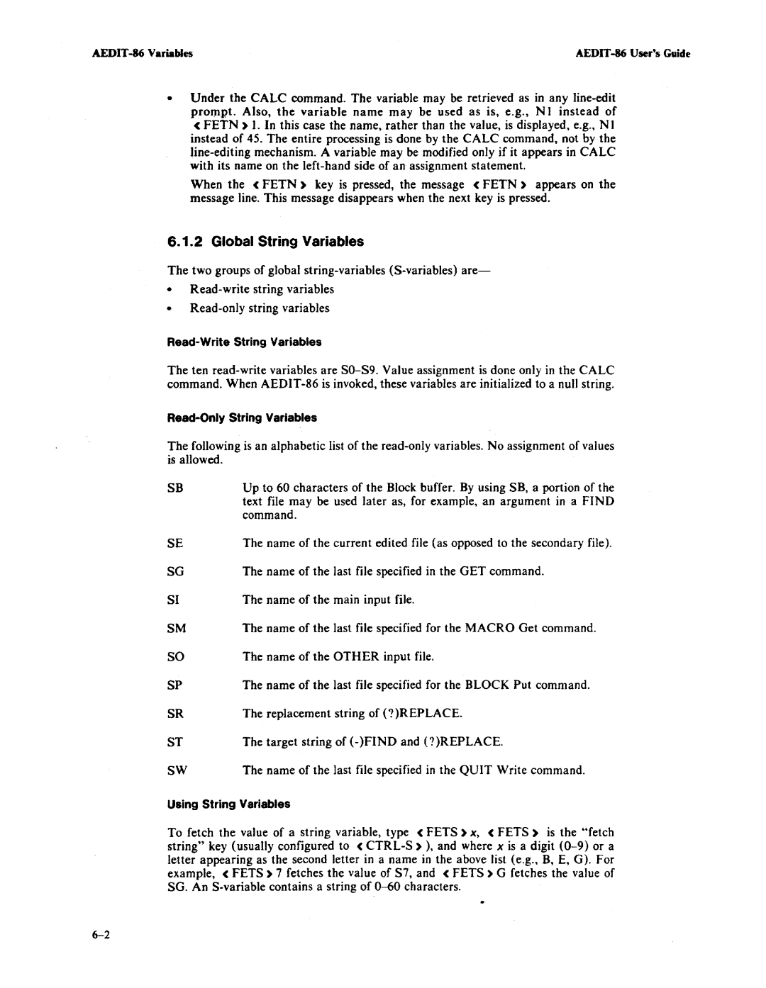 Intel AEDIT-86 Global String Variables, Read-Write String Variables, Read-Only String Variables, Using String Variables 